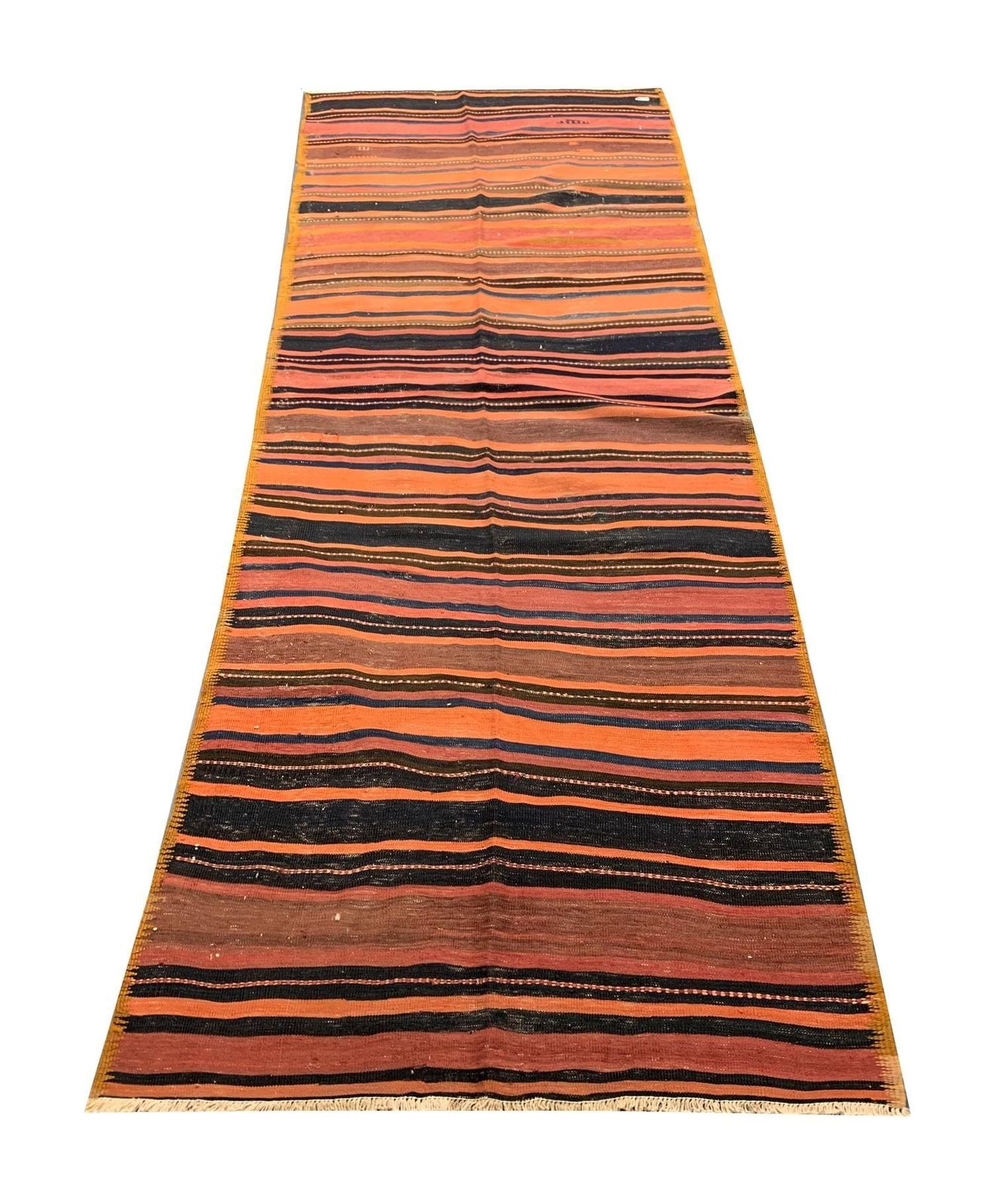 1960s Anatolian Kilim Runner: Striped Handwoven Wool Rug, Rustic Carpet (4.1 X 11.11 Ft.) photo furniture