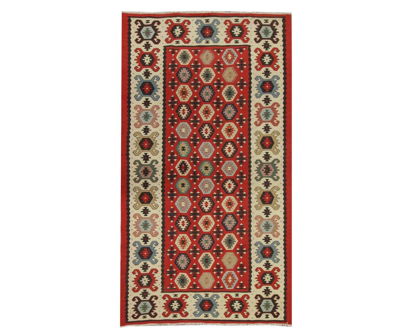 1960s Turkish Kilim Rug: Handwoven Wool, Red Geometric Tribal Rug (3.2 X 5.11 Ft.)