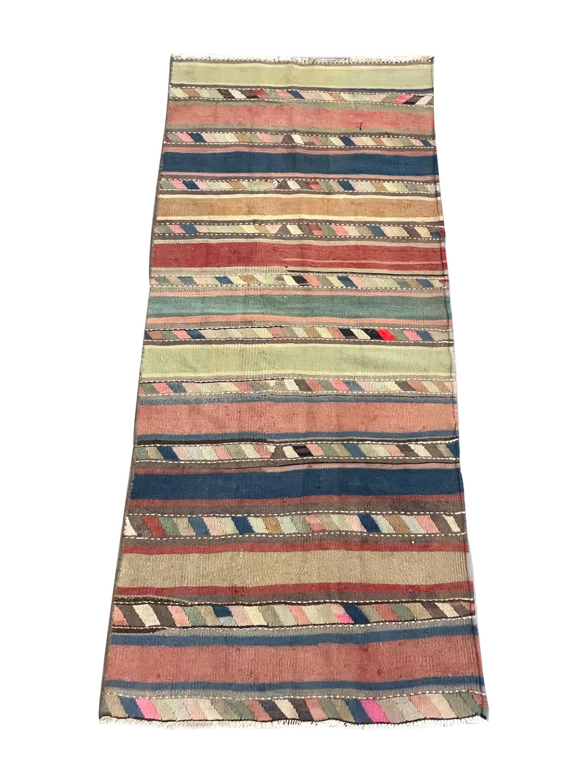 Vintage Striped Kilim Rug, Handmade Wool Carpet, Multicolour Tribal Runner Rug 8'2" X 3'11" photo furniture