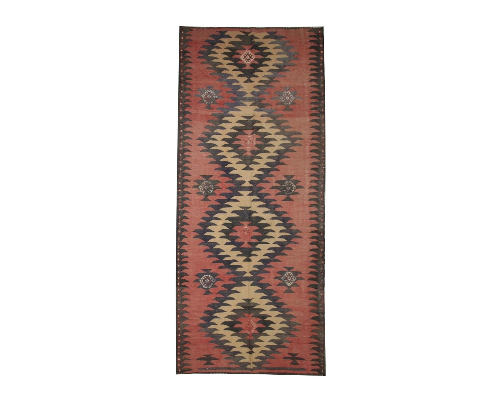 Vintage Kilim Runner: 1960s Blush Pink Wool Rug, Geometric Flatweave Handmade (13'1" X 4'11")