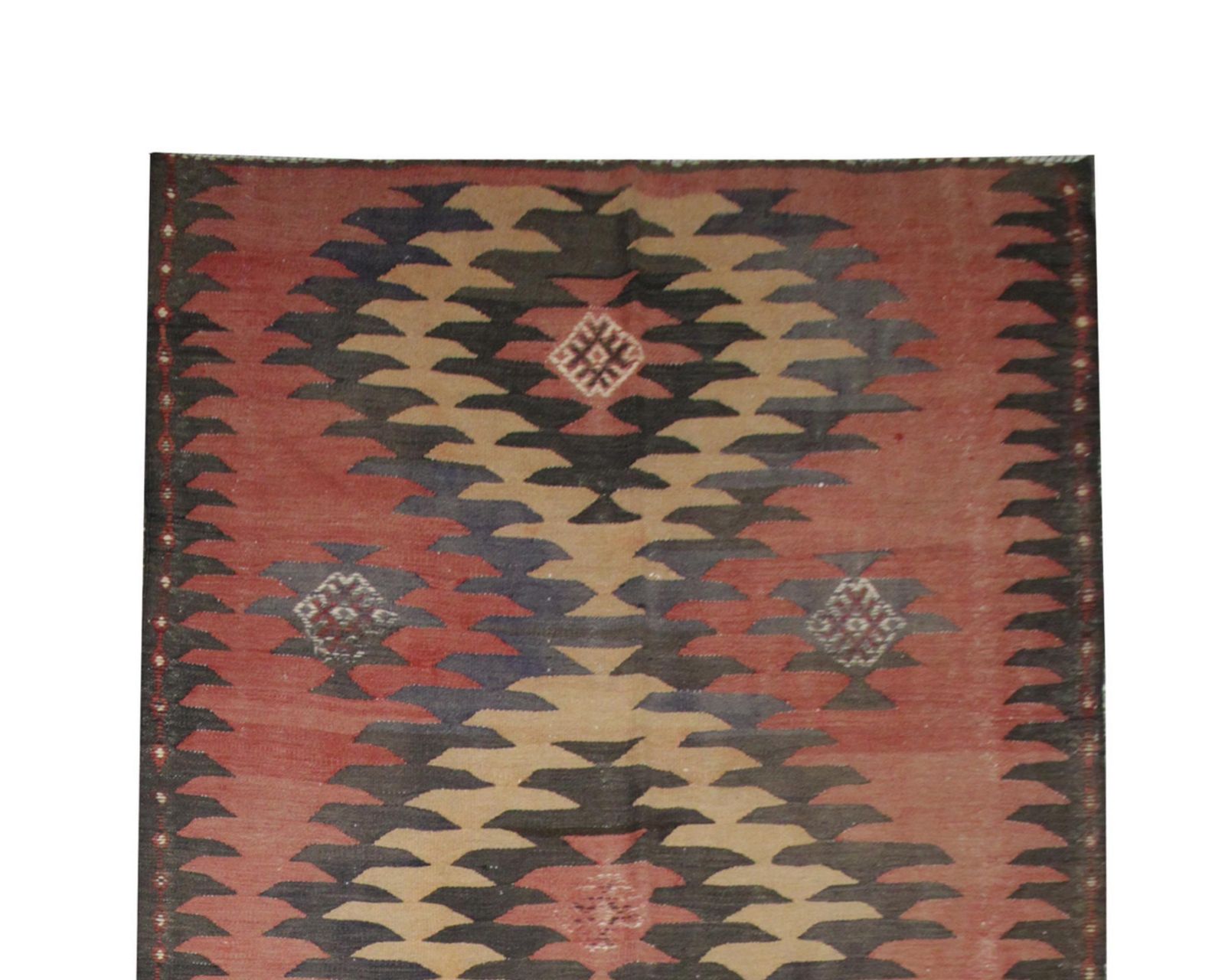 Vintage Kilim Runner: 1960s Blush Pink Wool Rug, Geometric Flatweave Handmade (13'1" X 4'11") photo furniture