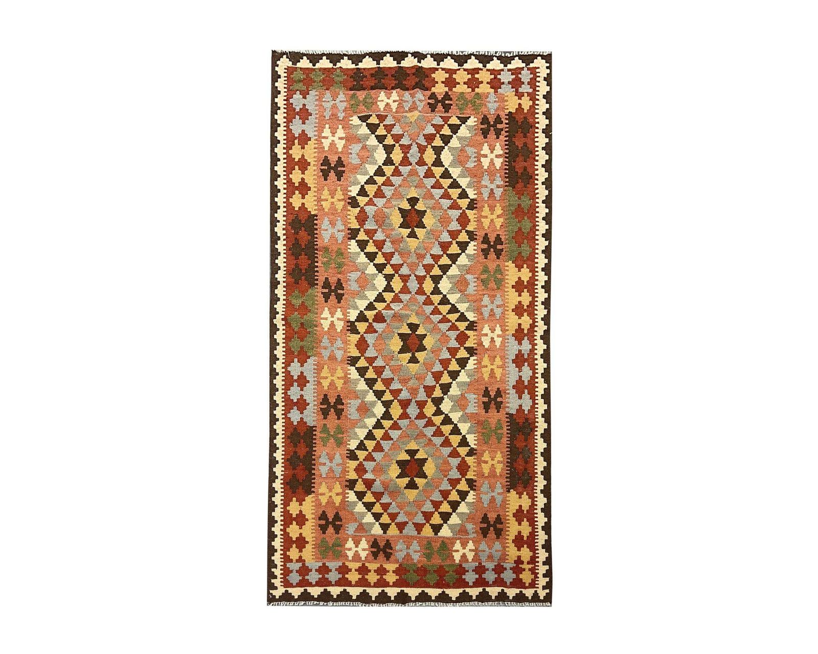 Contemporary Brown Wool Kilim Rug   Handmade Geometric Carpet, 6'1" X 3'5"