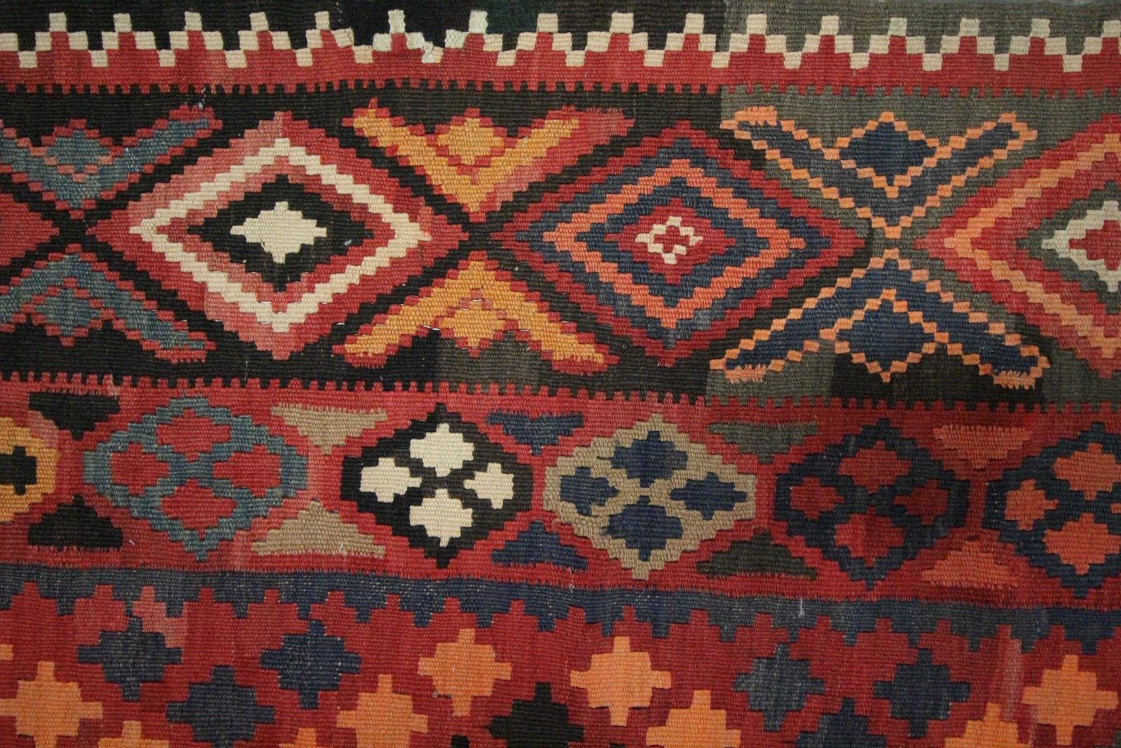Deep Red Afghan Kilim Rug: Large Geometric Wool Handmade Carpet (6.7 X 11.1 Ft.) photo vinterior