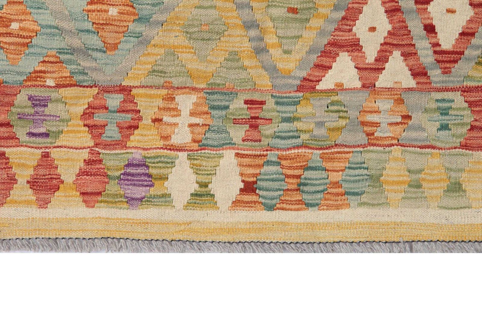 Multicolor Afghan Kilim Rug: Striped Contemporary Wool Flatweave, Geometric Decor (9.9 X 6.7 Ft.) photo for sale