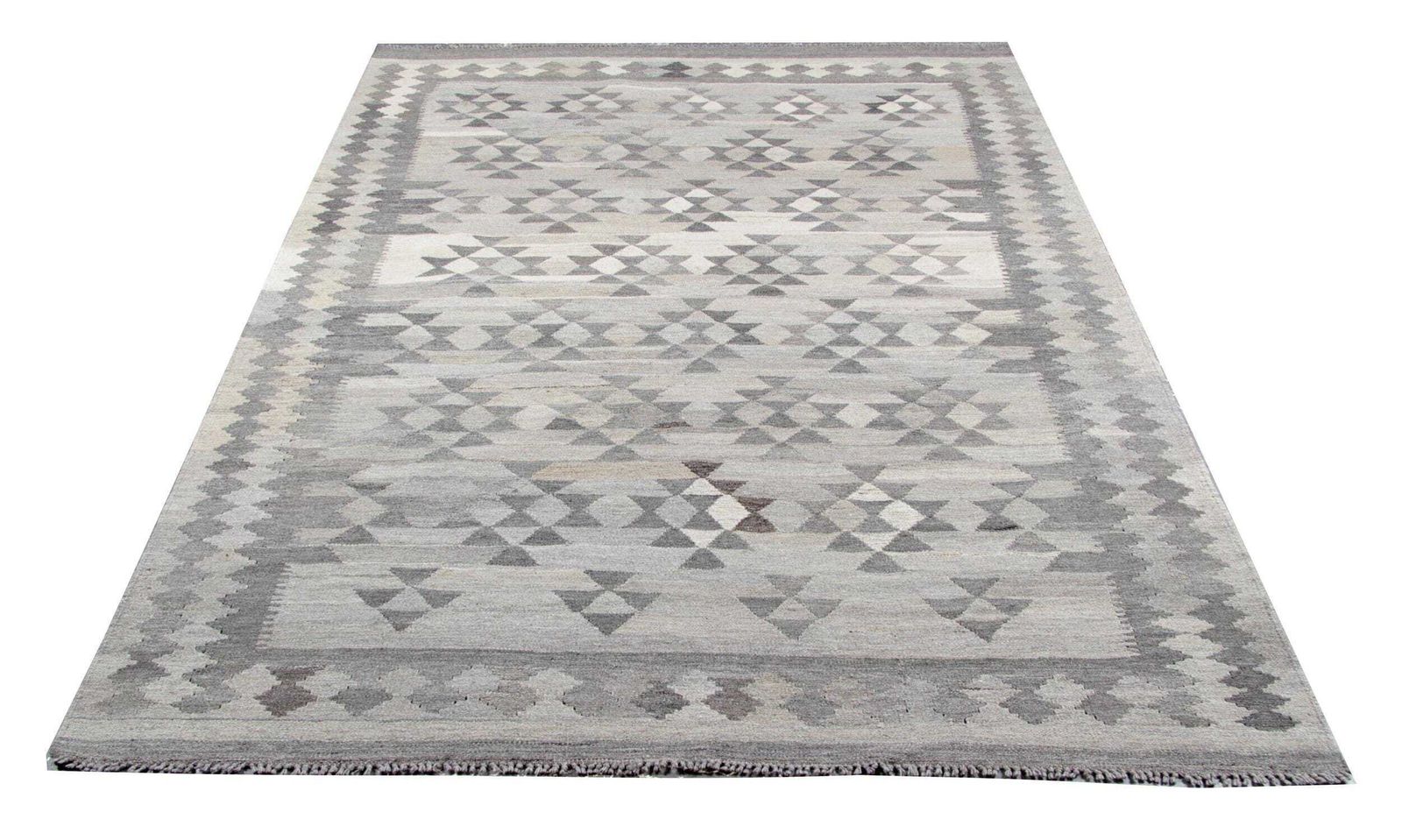 Handmade Afghan Kilim Rug: Grey Wool Geometric Flatweave (7.10 X 5.9 Ft.) photo furniture