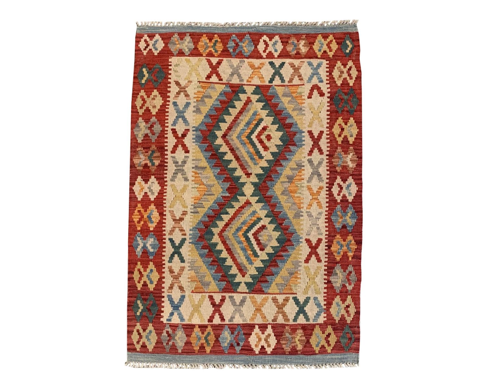 Handmade Afghan Kilim Rug: Wool Tribal Geometric Mat, Home Decor (2.9 X 4.3 Ft.)