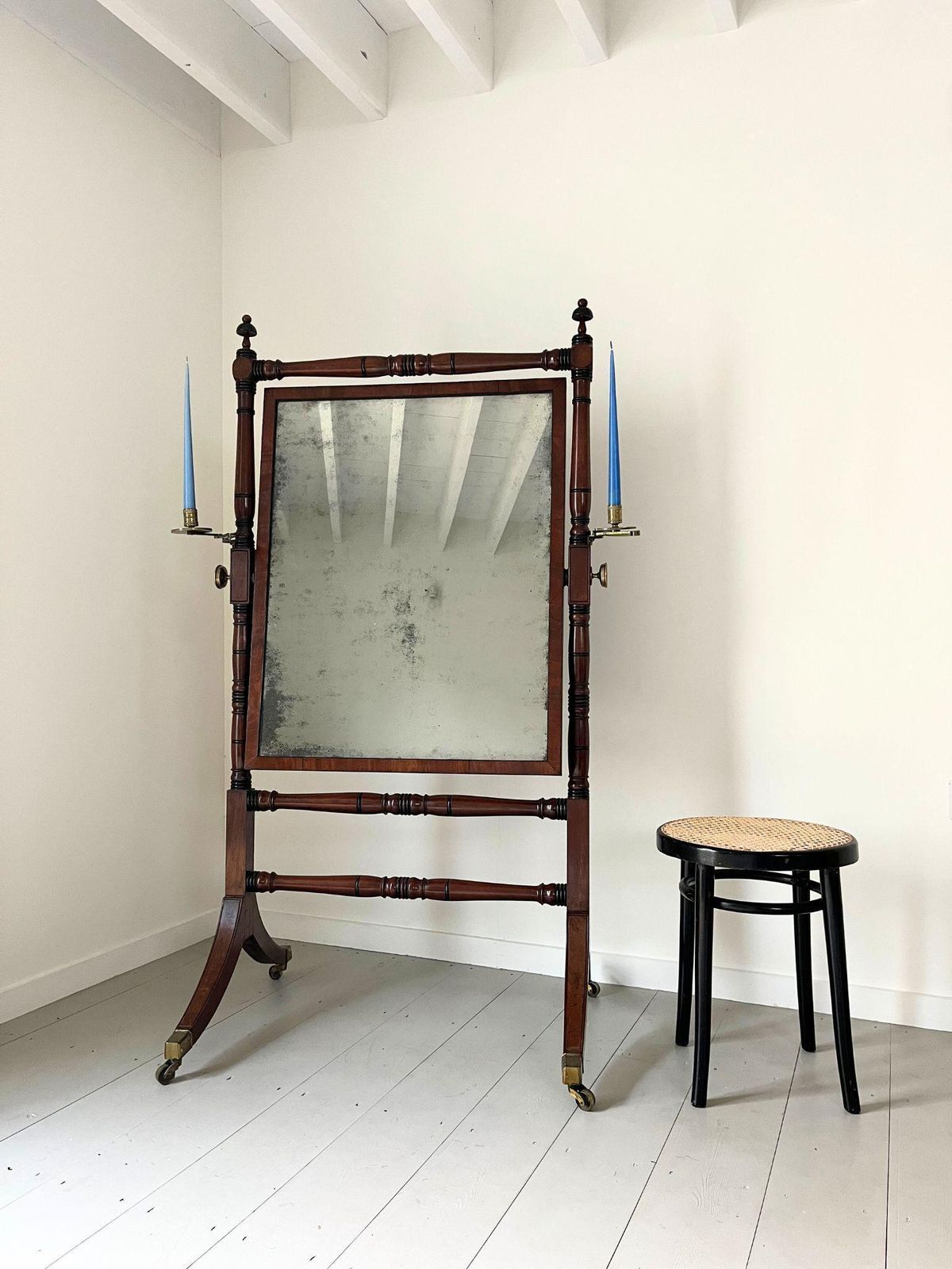 Antique Cheval Mirror George III Period, Freestanding Mahogany Dressing Mirror With Ebonised Decoration And Adjustable Brass Candle Sconces