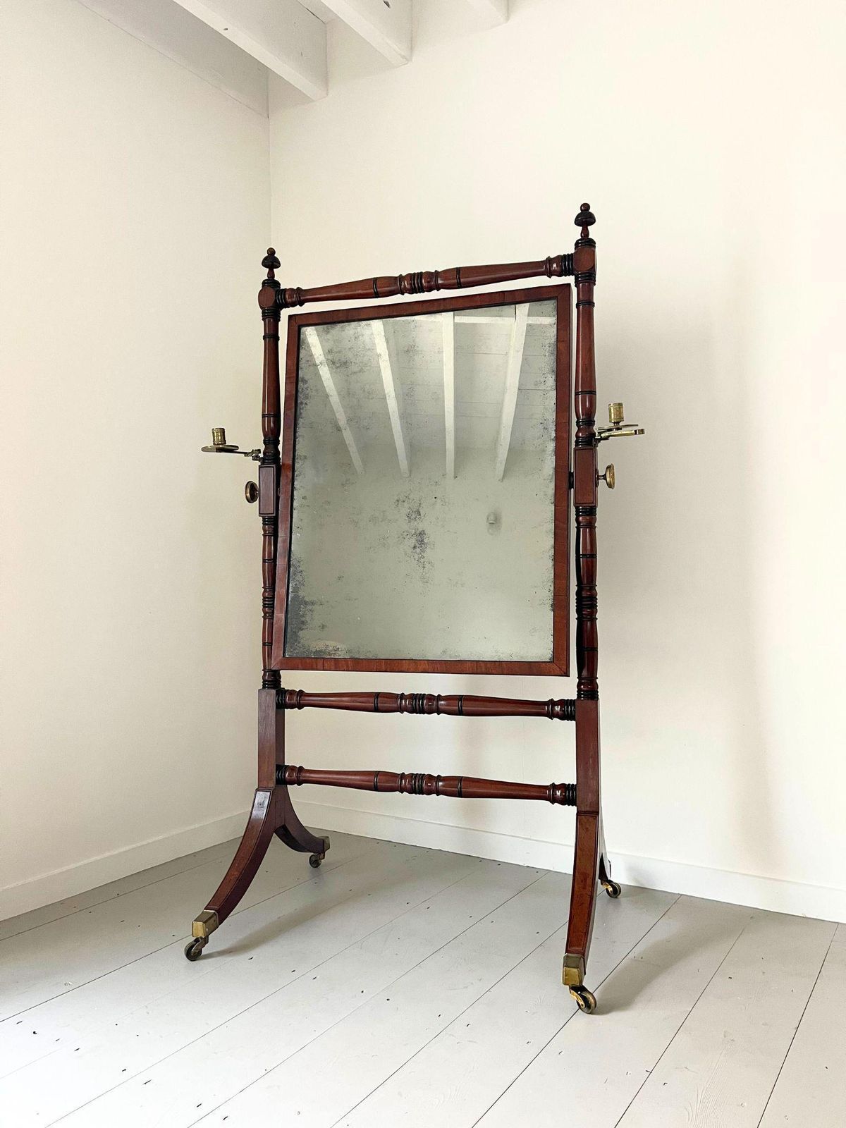 Antique Cheval Mirror George III Period, Freestanding Mahogany Dressing Mirror With Ebonised Decoration And Adjustable Brass Candle Sconces photo for sale
