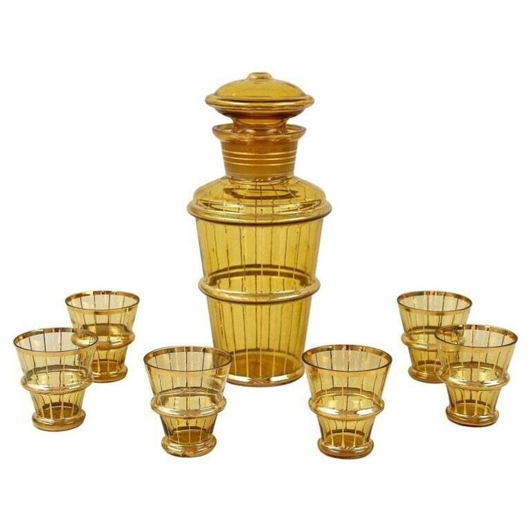 photo vinterior 20th Century Art Deco Glass Decanter Set, Amber Colored/ Gilt   Cz Ca. 1920