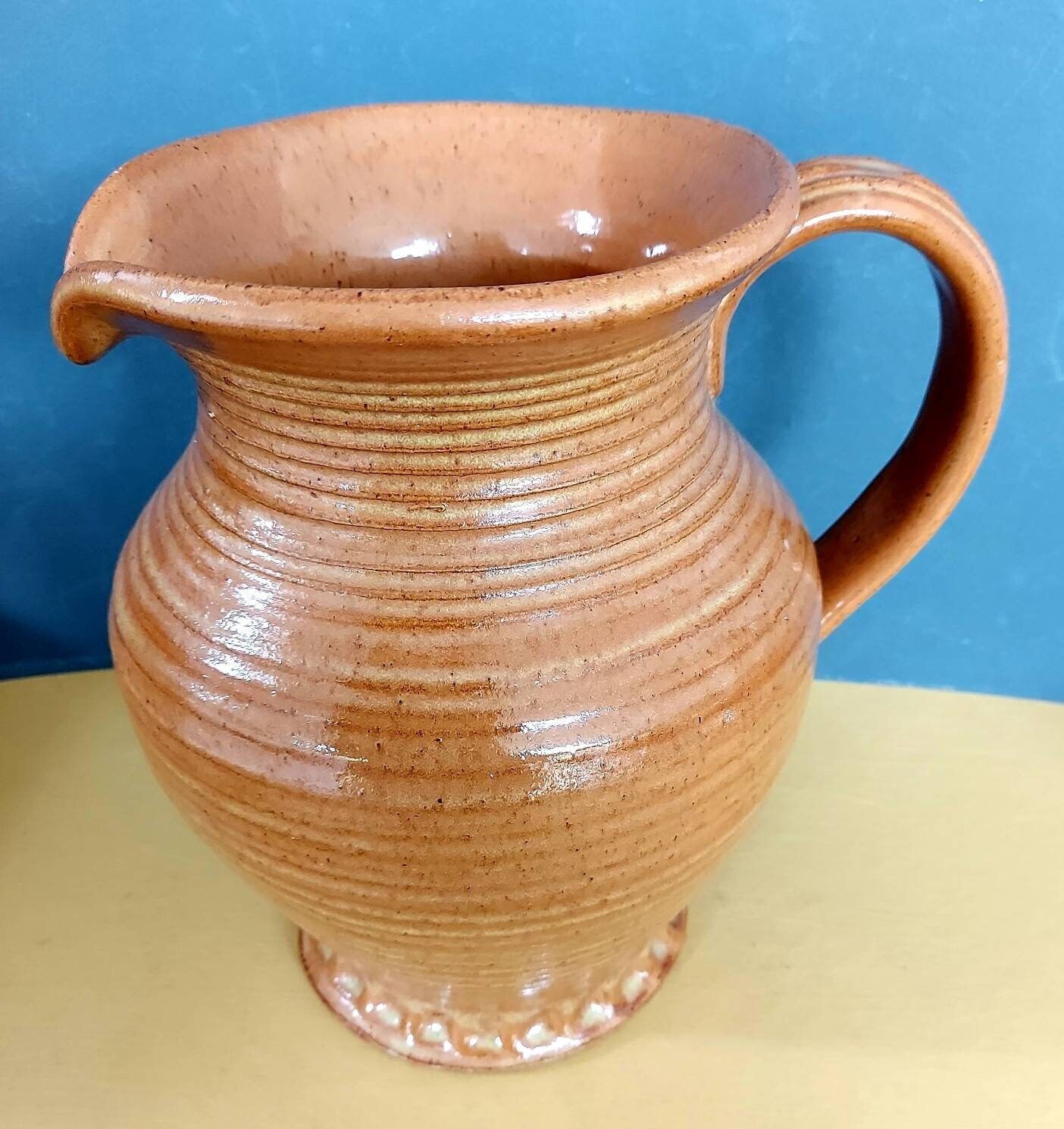 Vintage Very Large Burton Stoneware Pitcher, Handsome In Rich Caramel Glaze With Handmade Piecrust Finish To Base, 1970s photo for sale