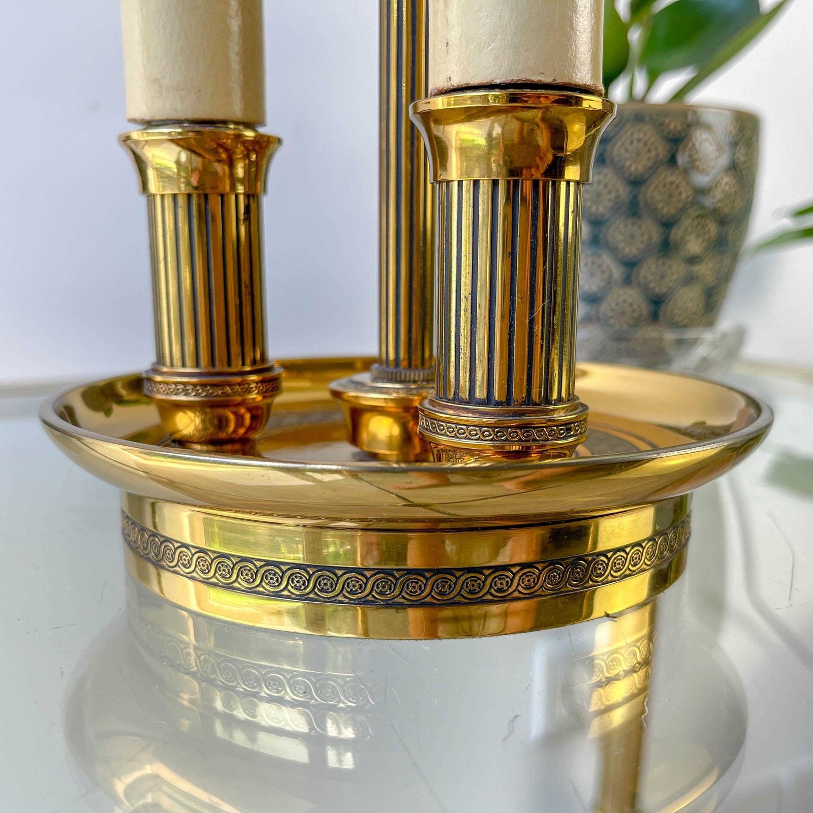 Vintage Empire Style Hot Water Bottle Lamp – Gilded Bronze And Laurel Green Shade – 3 Candle Arms photo for sale