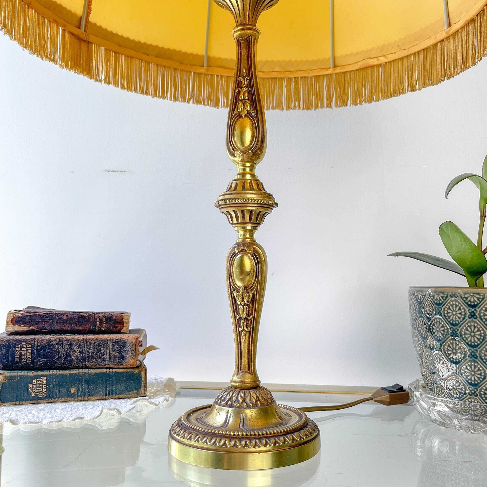 Louis XVI Style Gilt Bronze Lamp With Yellow Fringed Shade   Elegant Vintage Antique Lamp photo furniture