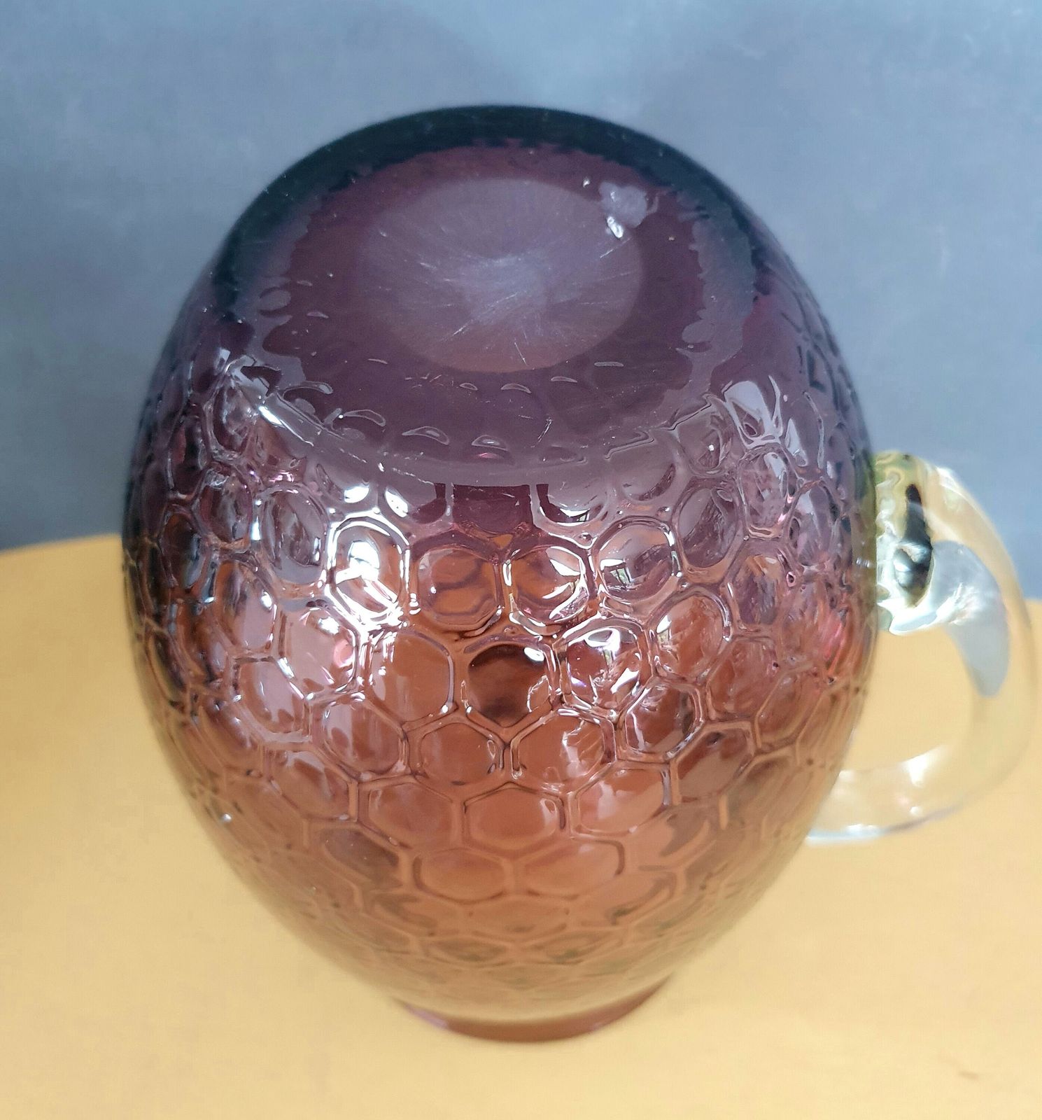 A Magnificent Vintage Murano 25cm Tall, 2.5l Amethyst Glass Xl Pitcher, Honeycomb Texture With Applied Owl Eyes Motif, 1970s photo vintage