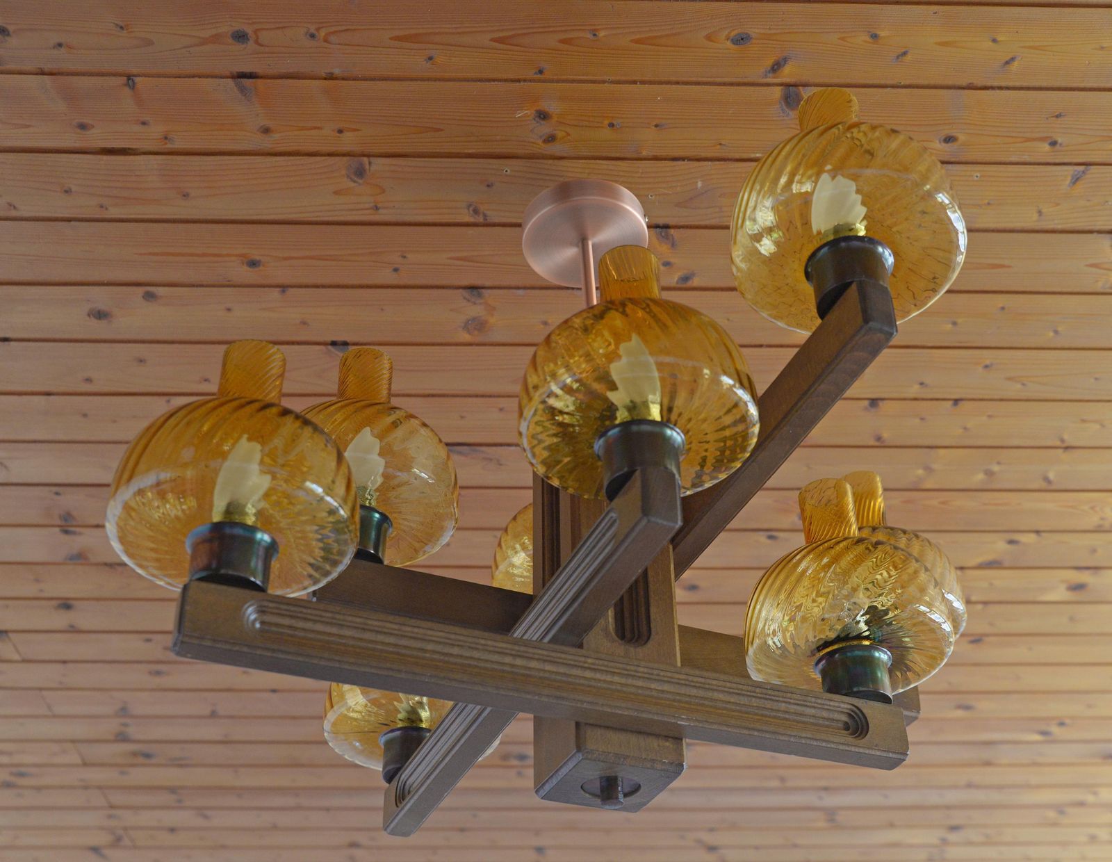 Large Vintage Wood Pendant Light / Mid Century Massive Rustic Chandelier / Colonial Style Light Fixture / Hand Carved Wood / Amber Glass photo buy