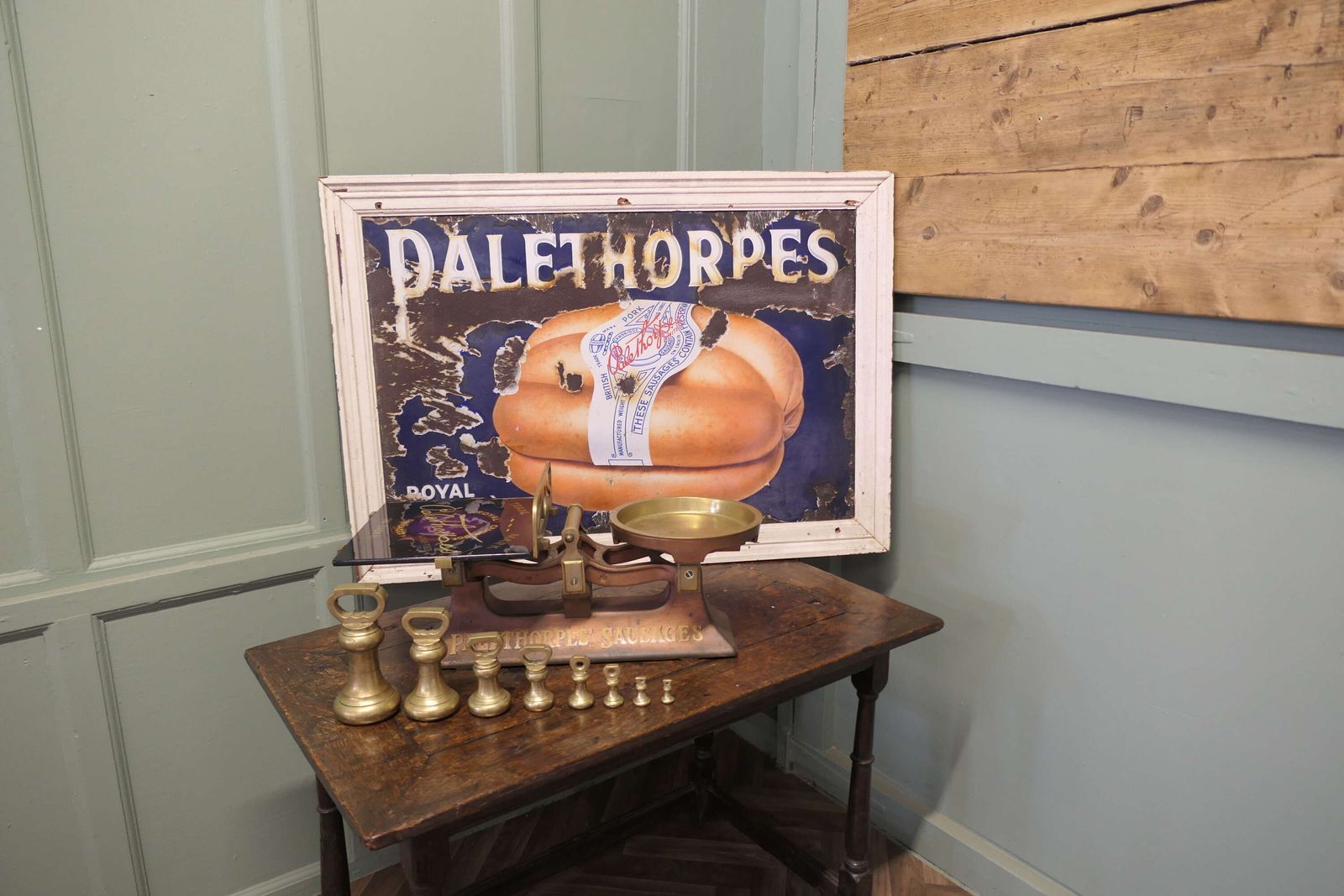 Large Early 20th Century Palethorps Pictorial Enamel Sausage Sign photo Home Decor