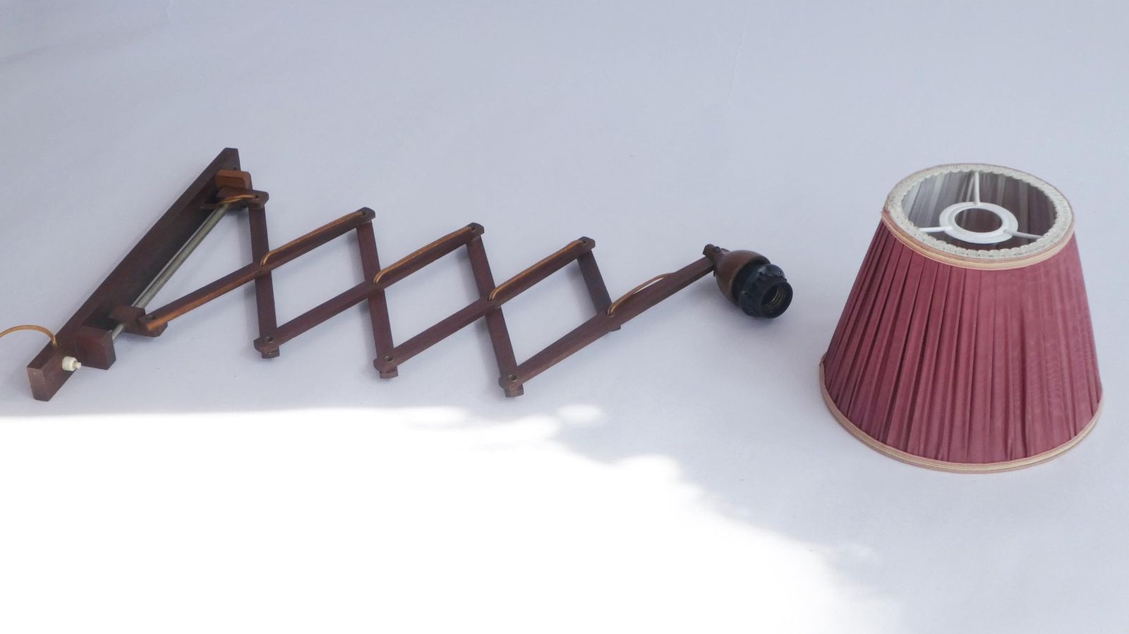 photo for sale Mid Century Accordion Style Lamp With Red Pleaded Shade, Vintage Wooden Scissor Wall Lamp, Teak Scandinavian Extendable 60s Light