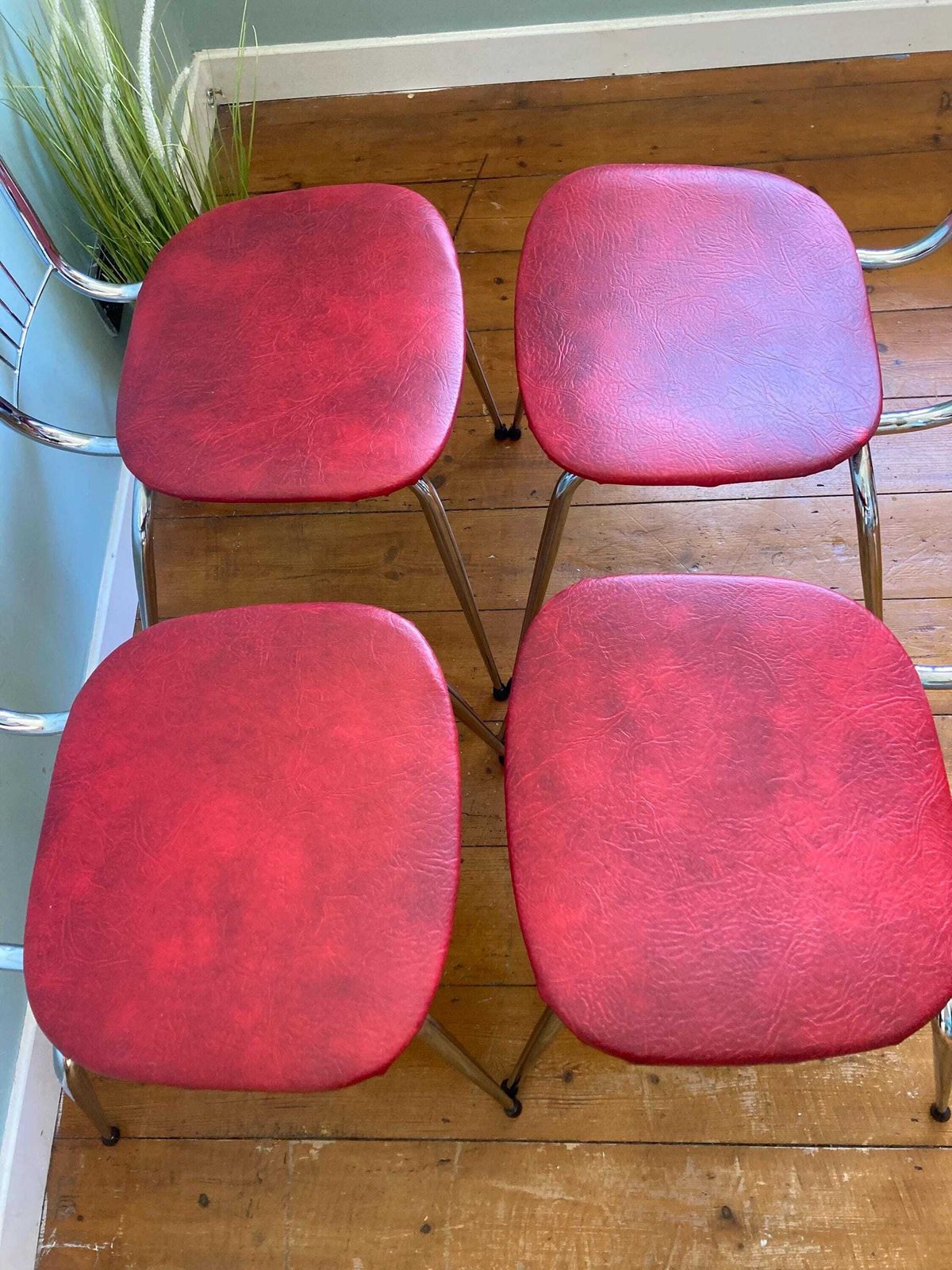 Set Of Four Vintage Mid Century Chrome Dining Chairs With Red Vinyl Seats C1950s photo vintage