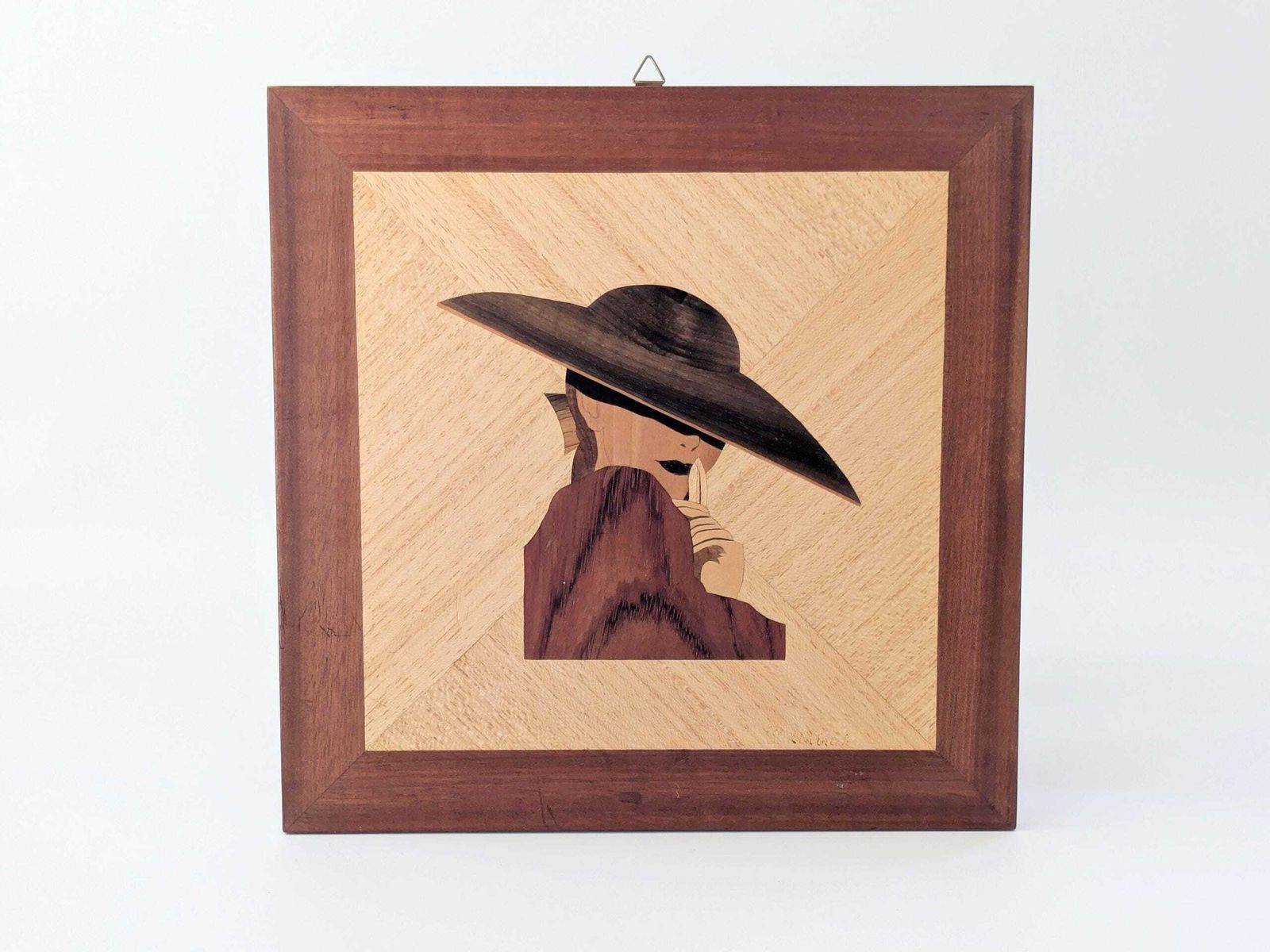 Vintage Intarsia Wood Wall Art: Elegant Woman Portrait, Mid Century Modern