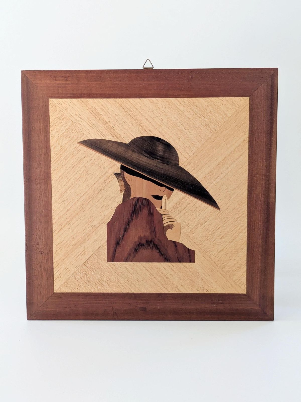 Vintage Intarsia Wood Wall Art: Elegant Woman Portrait, Mid Century Modern photo for sale