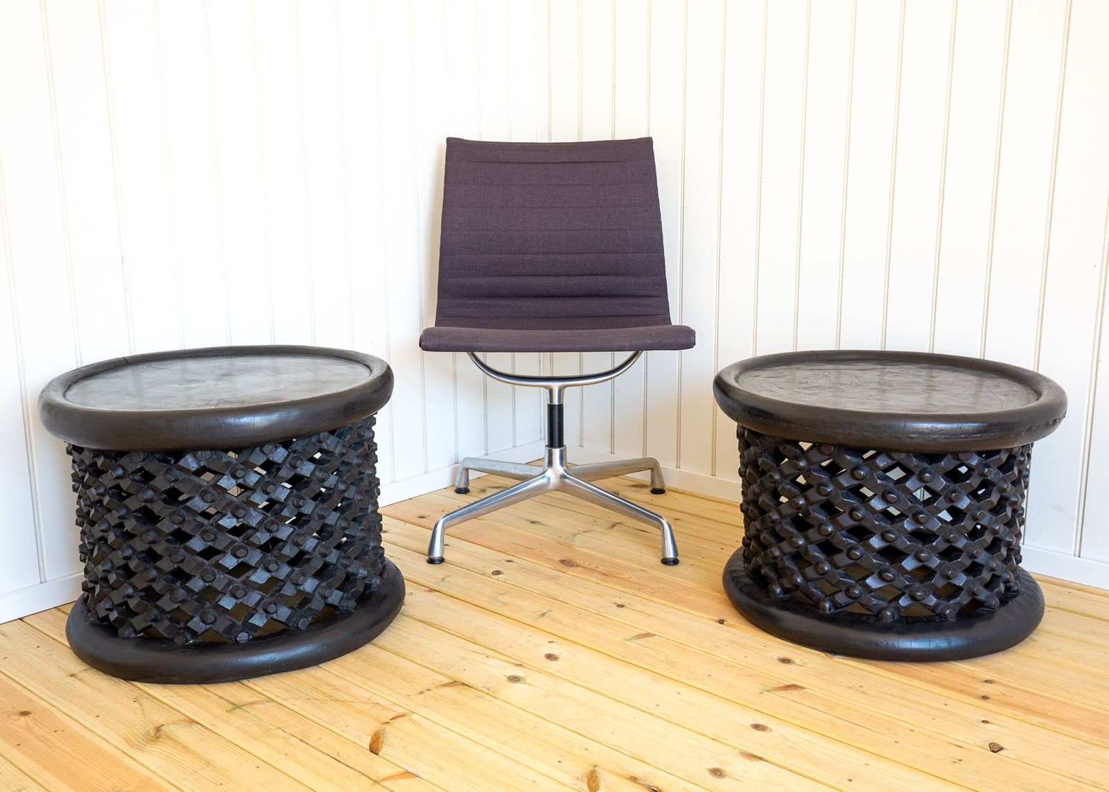 photo furniture Pair Of African Coffee Tables Sculptural Organic Tribal Bamileke Black Mcm 1950s Trunk Hewn Carved Ethnographic Bohemian Cultural Sculptural Organic