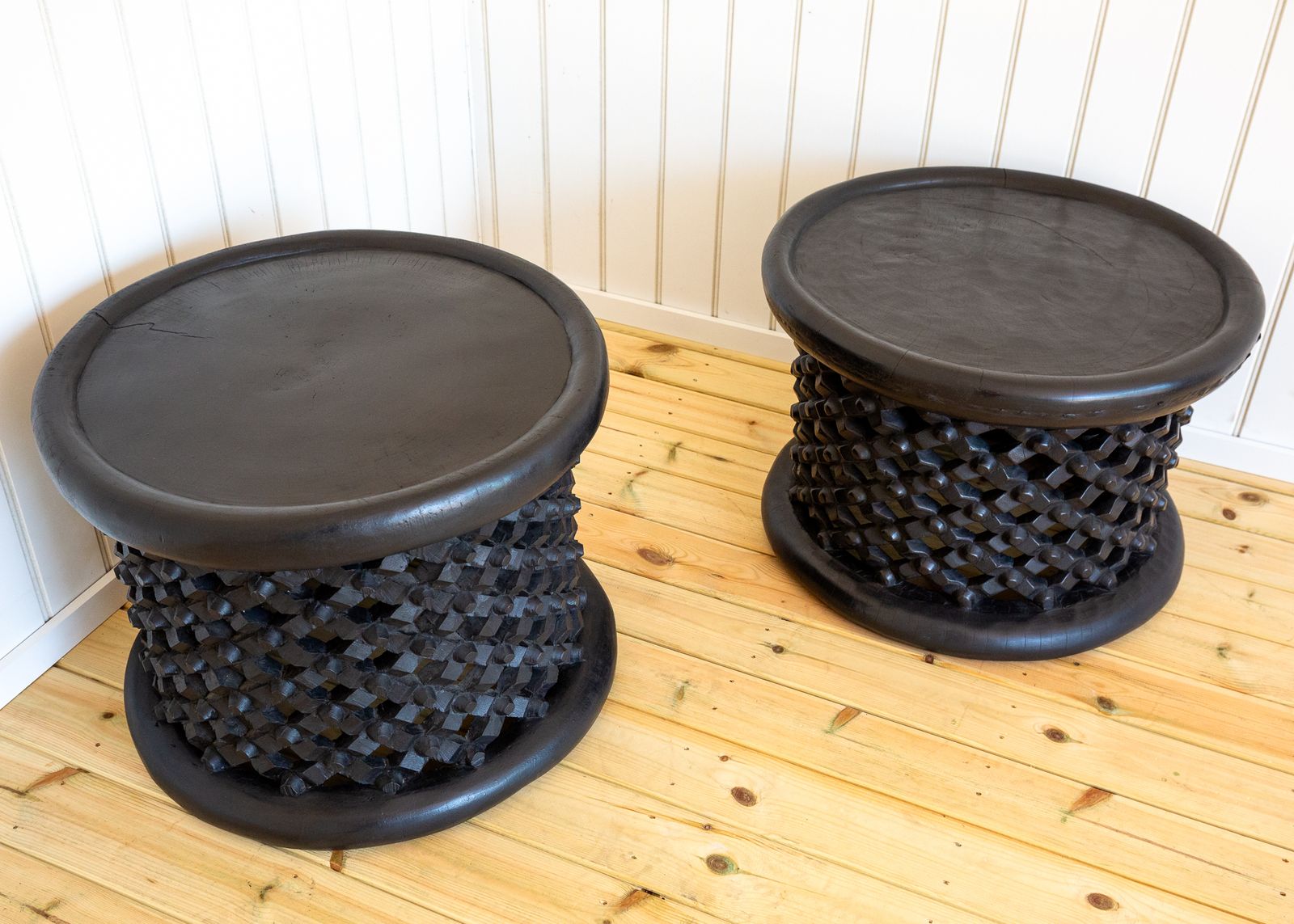 Pair Of African Coffee Tables Sculptural Organic Tribal Bamileke Black Mcm 1950s Trunk Hewn Carved Ethnographic Bohemian Cultural Sculptural Organic photo vintage
