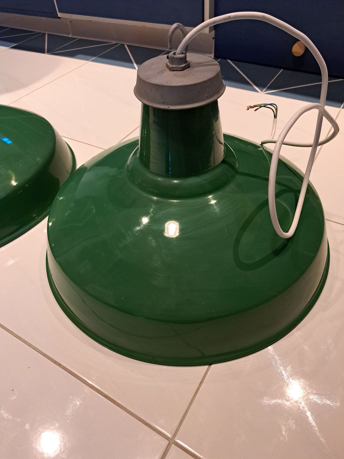 Pair Of Industrial Light Shades In Green & White — 50cm Diameter photo for sale