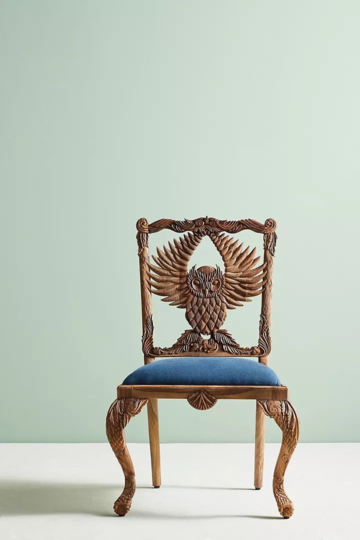 Hand Carved Wooden Owl Dinning Chair – Antique Black Finish With Intricate Detailing