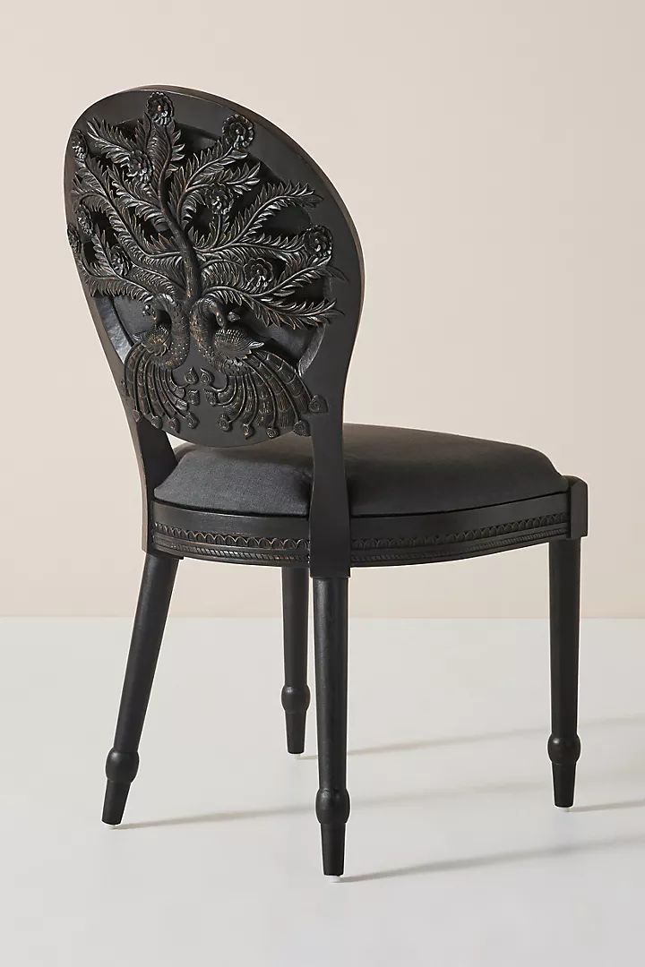 Hand Carved Black Wooden Chair With Double Peacock & Tree Design – Elegant Accent Seating