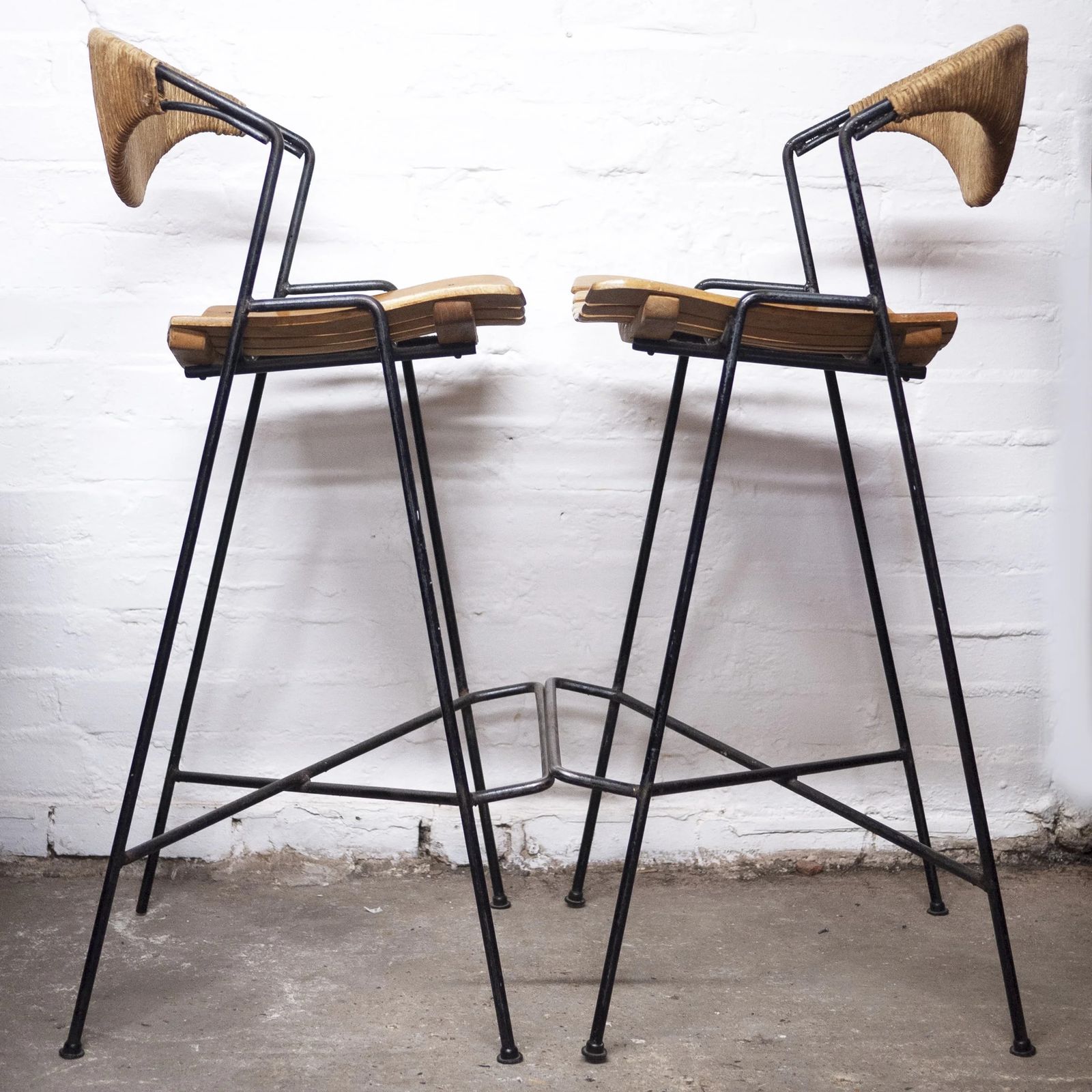 Wrought Iron Wicker & Slatted Wood Bar Stools By Arthur Umanoff For Raymor, 1950s, Set Of 2 photo Furniture