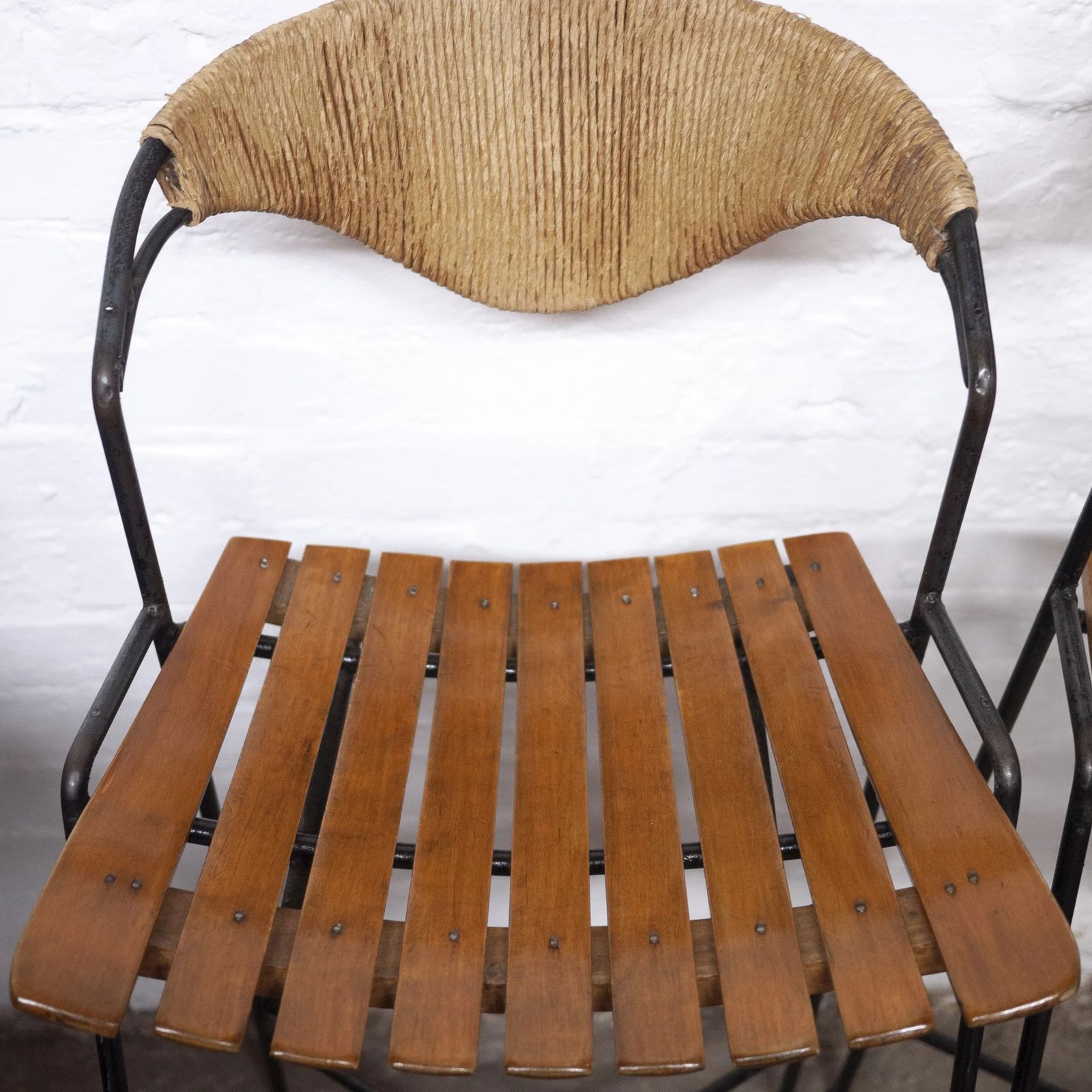Wrought Iron Wicker & Slatted Wood Bar Stools By Arthur Umanoff For Raymor, 1950s, Set Of 2 photo buy