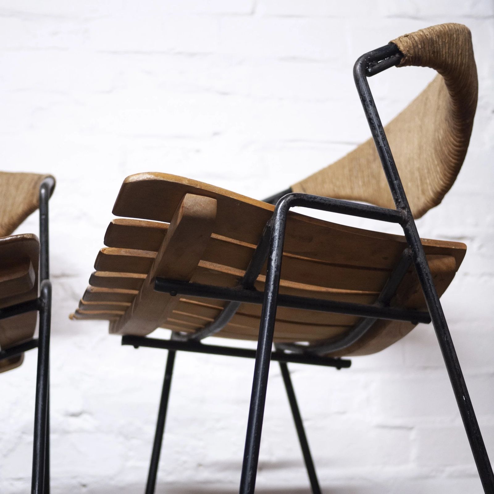 photo for sale Wrought Iron Wicker & Slatted Wood Bar Stools By Arthur Umanoff For Raymor, 1950s, Set Of 2