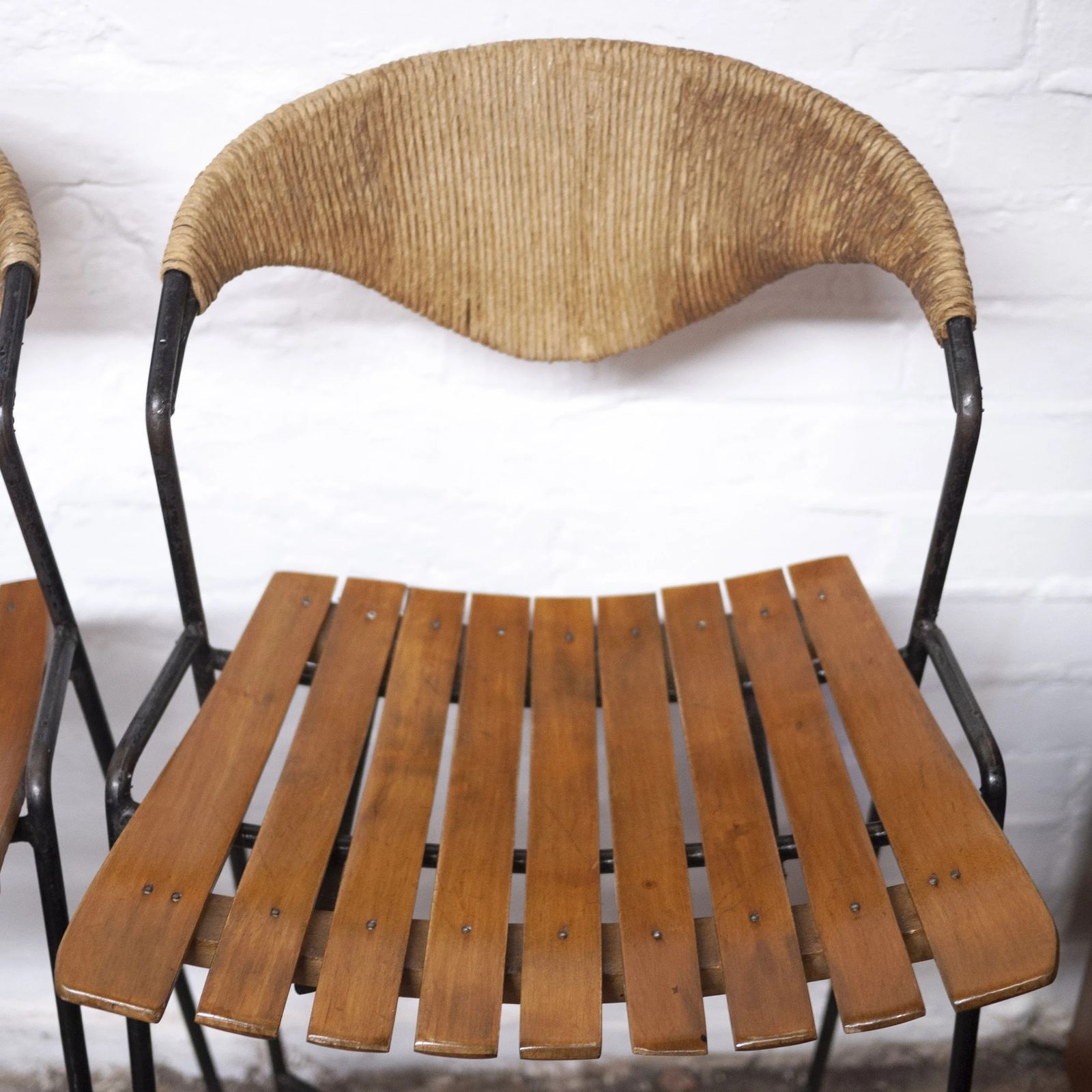 photo buy Wrought Iron Wicker & Slatted Wood Bar Stools By Arthur Umanoff For Raymor, 1950s, Set Of 2