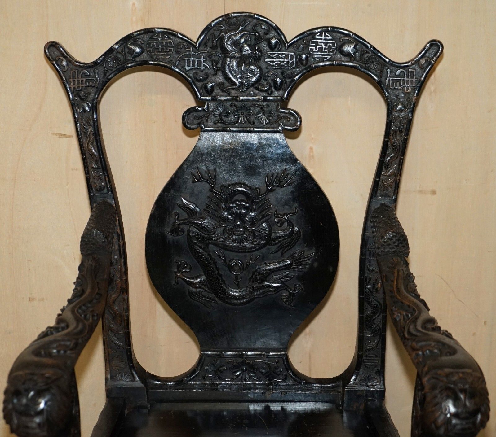 Antique 1880 Heavily Carved Chinese Dragon Carver Armchair Must See Pictures photo for sale