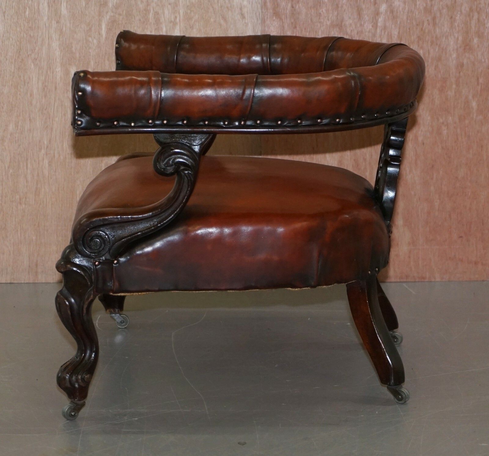 Furniture Rare Fully Restored Regency Show Framed Carved Mahognay Brown Leather Armchair photo