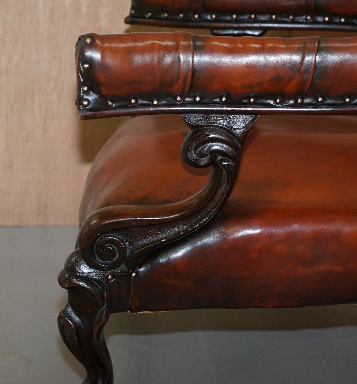 2750.0 Rare Fully Restored Regency Show Framed Carved Mahognay Brown Leather Armchair photo