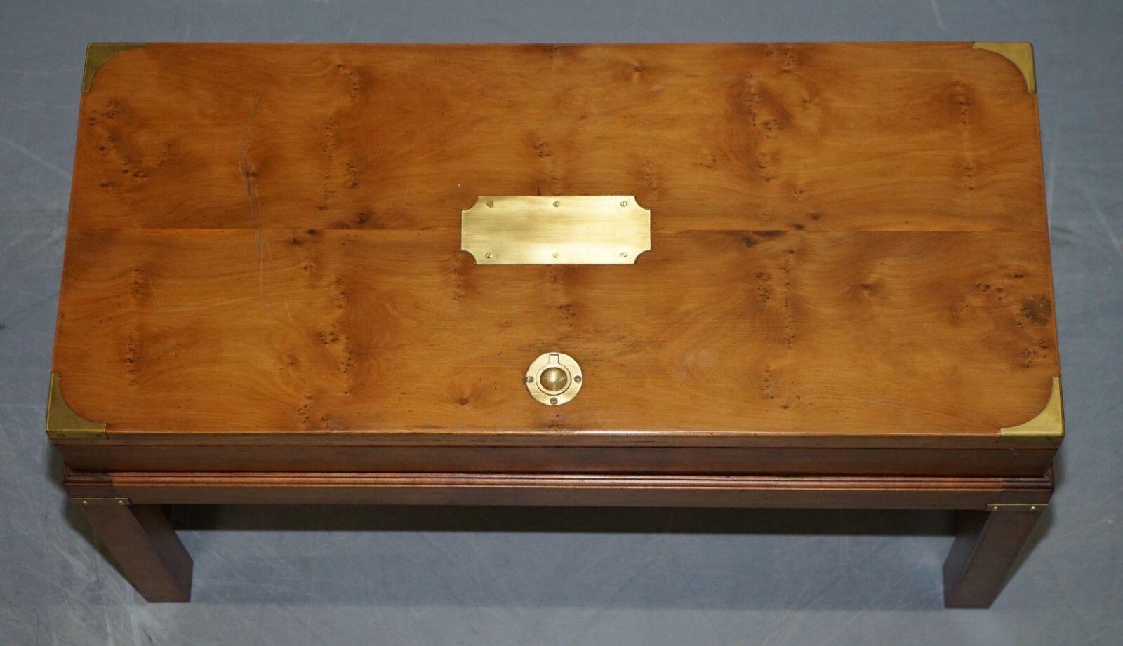 Rare Burr Yew Wood Military Campaign Gun Case Coffee Side Table On Original Base photo for sale
