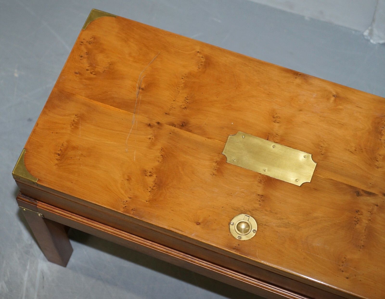 Rare Burr Yew Wood Military Campaign Gun Case Coffee Side Table On Original Base photo Furniture