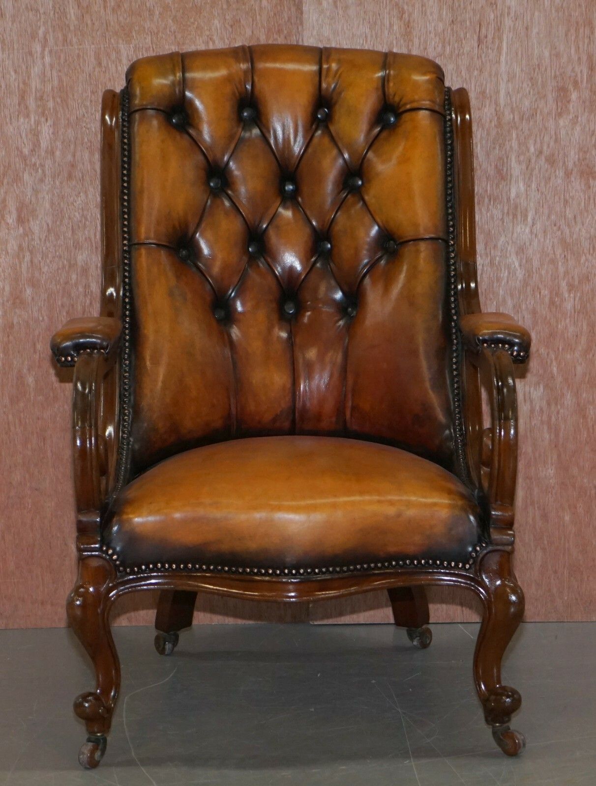 Stunning Show Framed Early Victorian Chesterfield Brown Leather Library Armchair photo furniture