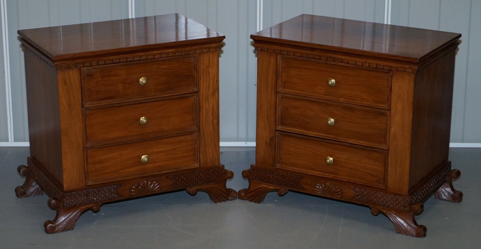 Stunning Suite Of Panelled Mahogany Chests Of Drawers Ornately Carved Bases photo vintage