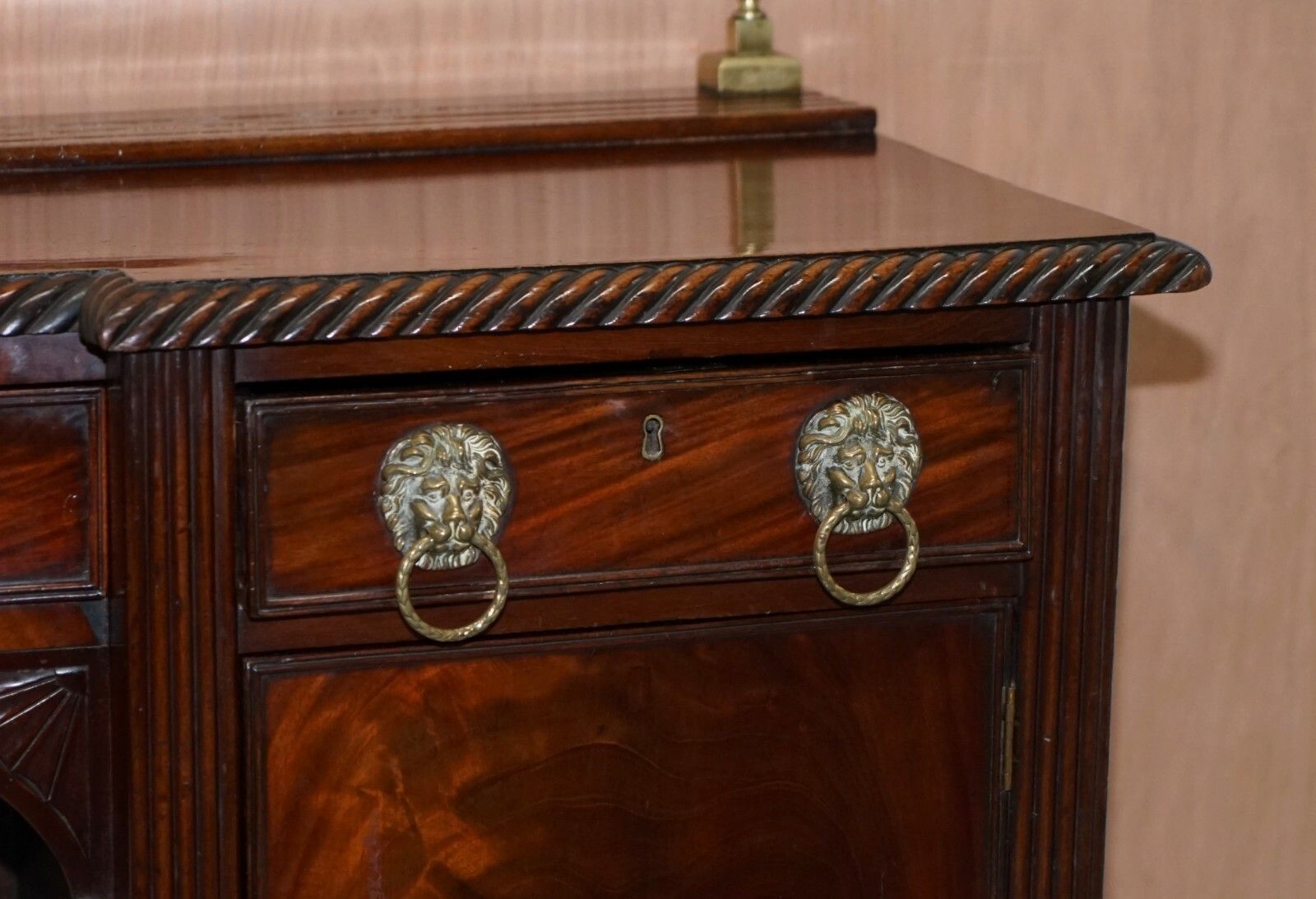 Original 1790 Georgian Irish Mahogany Sideboard With Brass Gallery Lion Handles photo vinterior