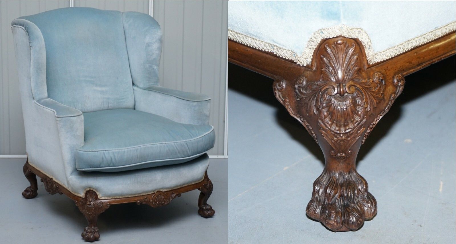 Heavily Carved Lion Hairy Paw Feet Victorian Armchair Sky Blue Velvet George II photo furniture