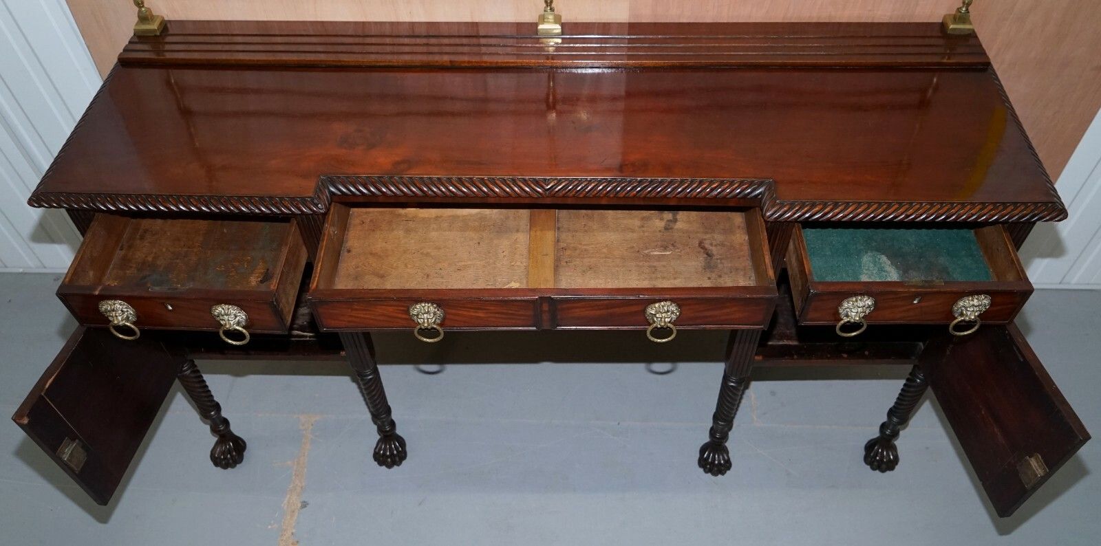 2500.0 Original 1790 Georgian Irish Mahogany Sideboard With Brass Gallery Lion Handles photo