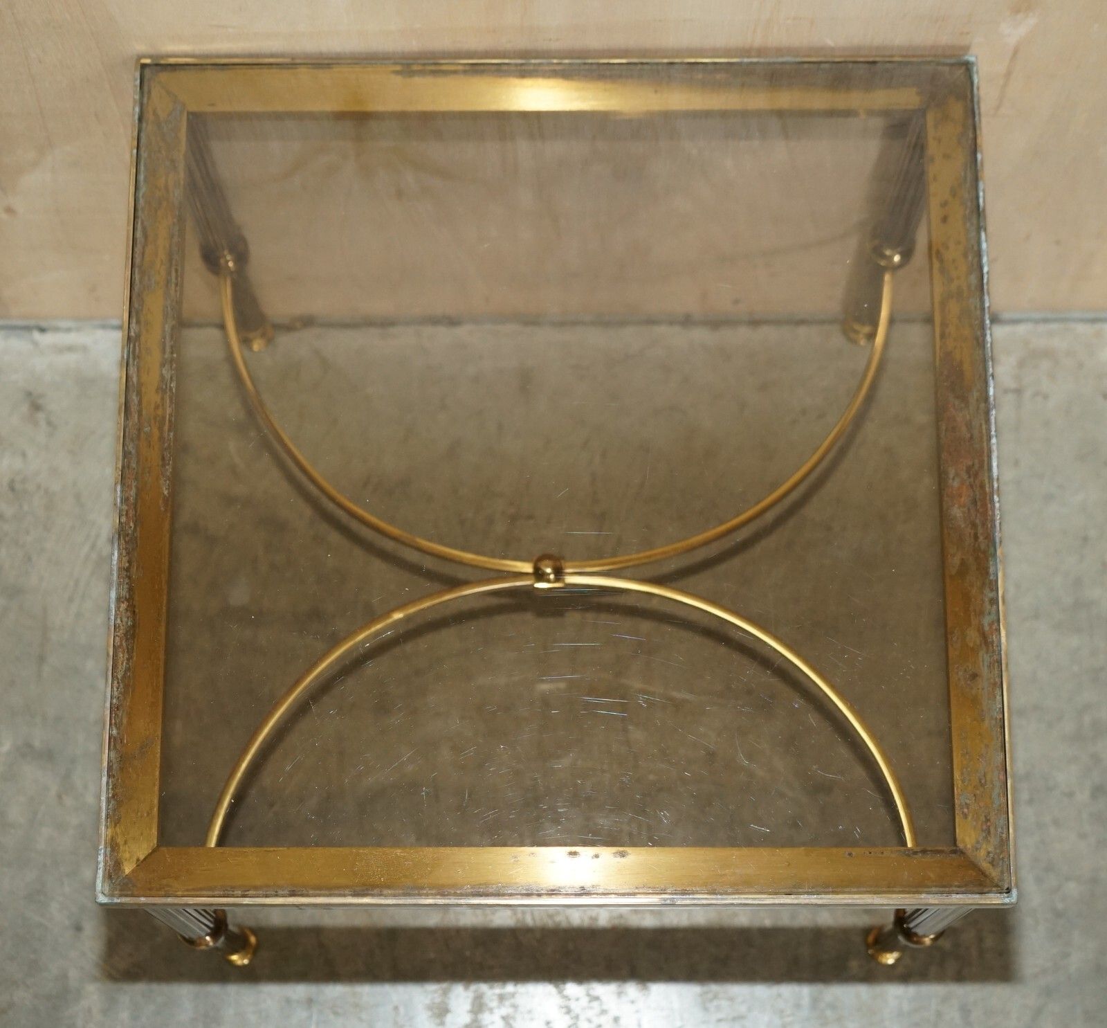 photo furniture Pair Of Mid Century Maison Jansen Paris Circa 1950's Glass Brass Side End Tables