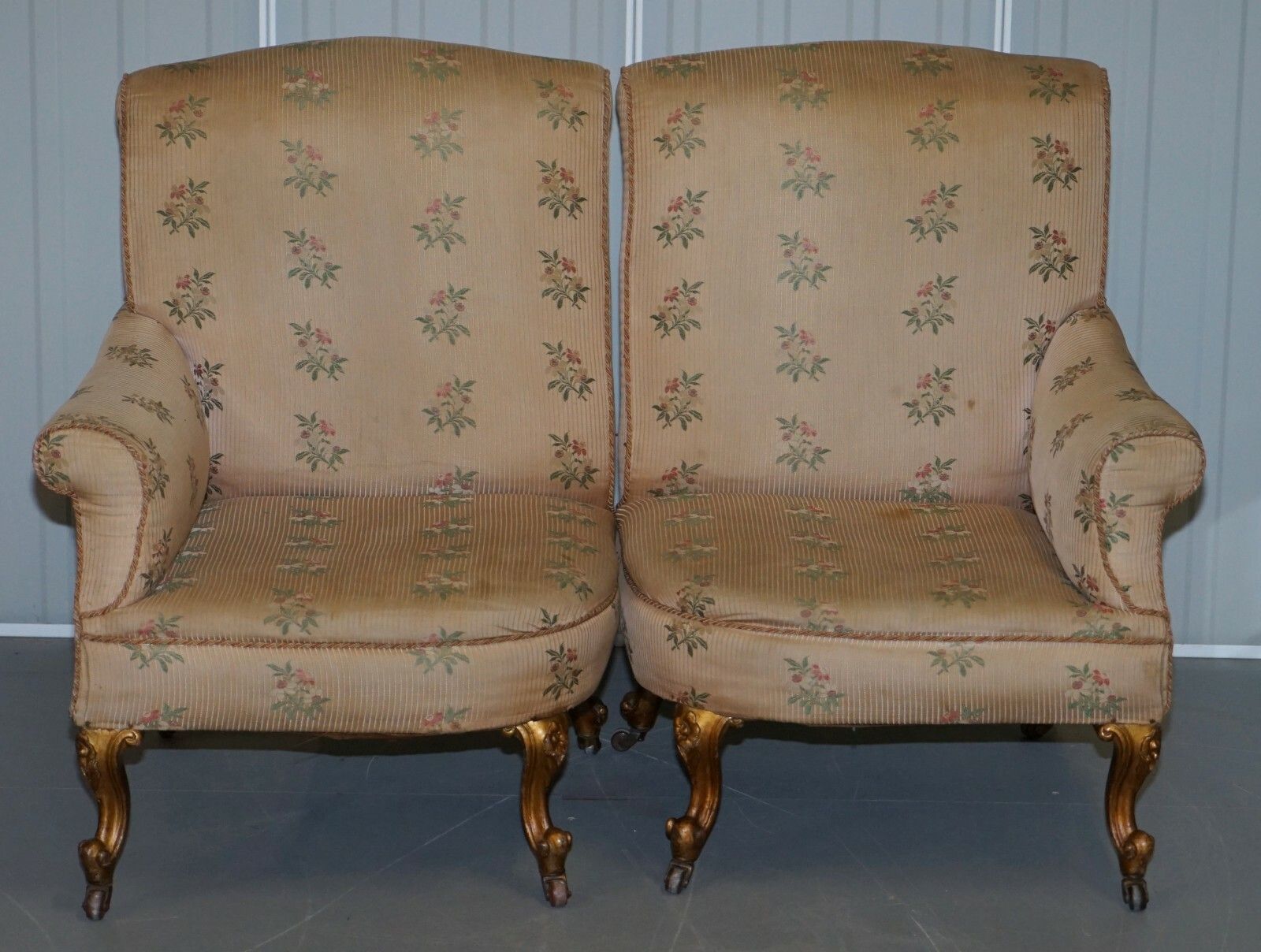Rare Pair Of Giltwood Victorian Asymmetrical Armchairs Embroidered Bird Covers photo Furniture