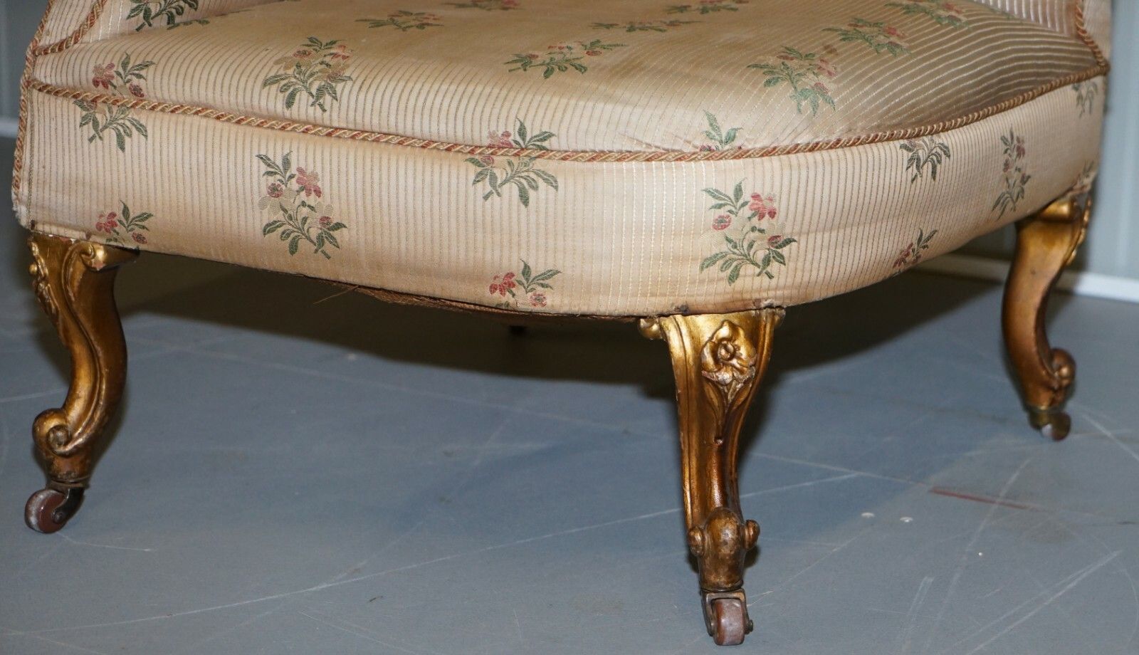 Rare Pair Of Giltwood Victorian Asymmetrical Armchairs Embroidered Bird Covers photo vinterior