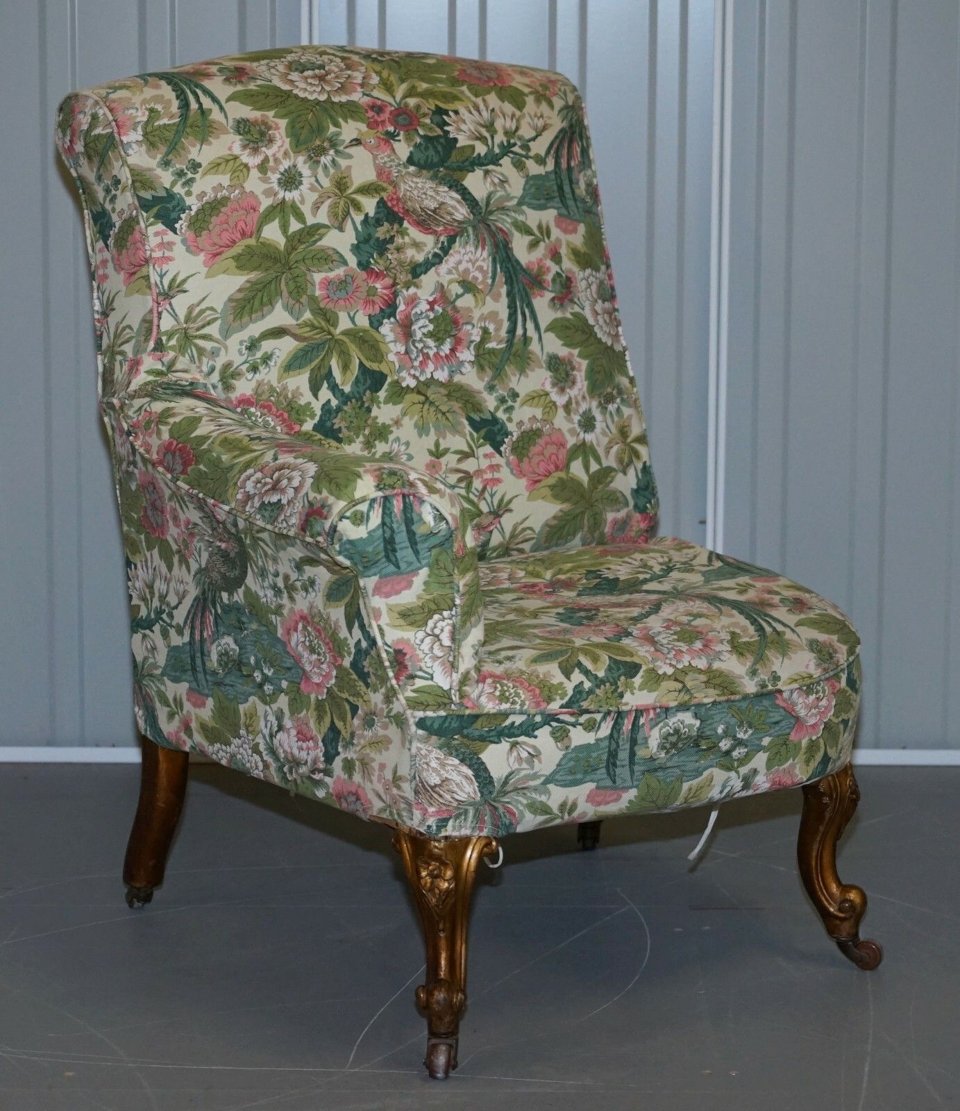 Rare Pair Of Giltwood Victorian Asymmetrical Armchairs Embroidered Bird Covers photo vintage