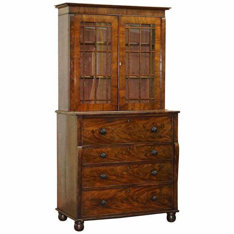 Rare Victorian Flamed Mahogany Library Bookcase Secretaire Desk Chest Of Drawers