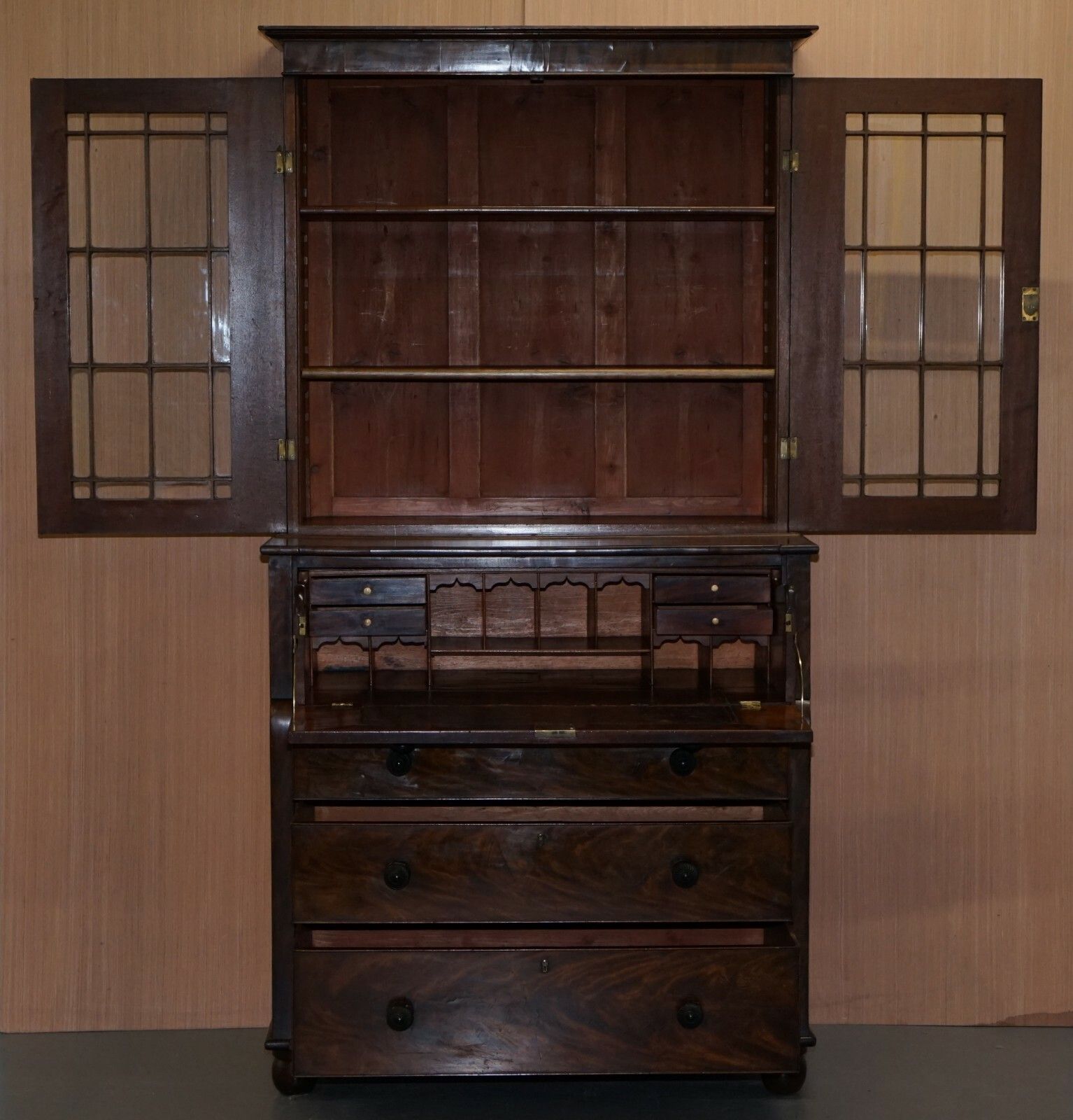 Rare Victorian Flamed Mahogany Library Bookcase Secretaire Desk Chest Of Drawers photo buy