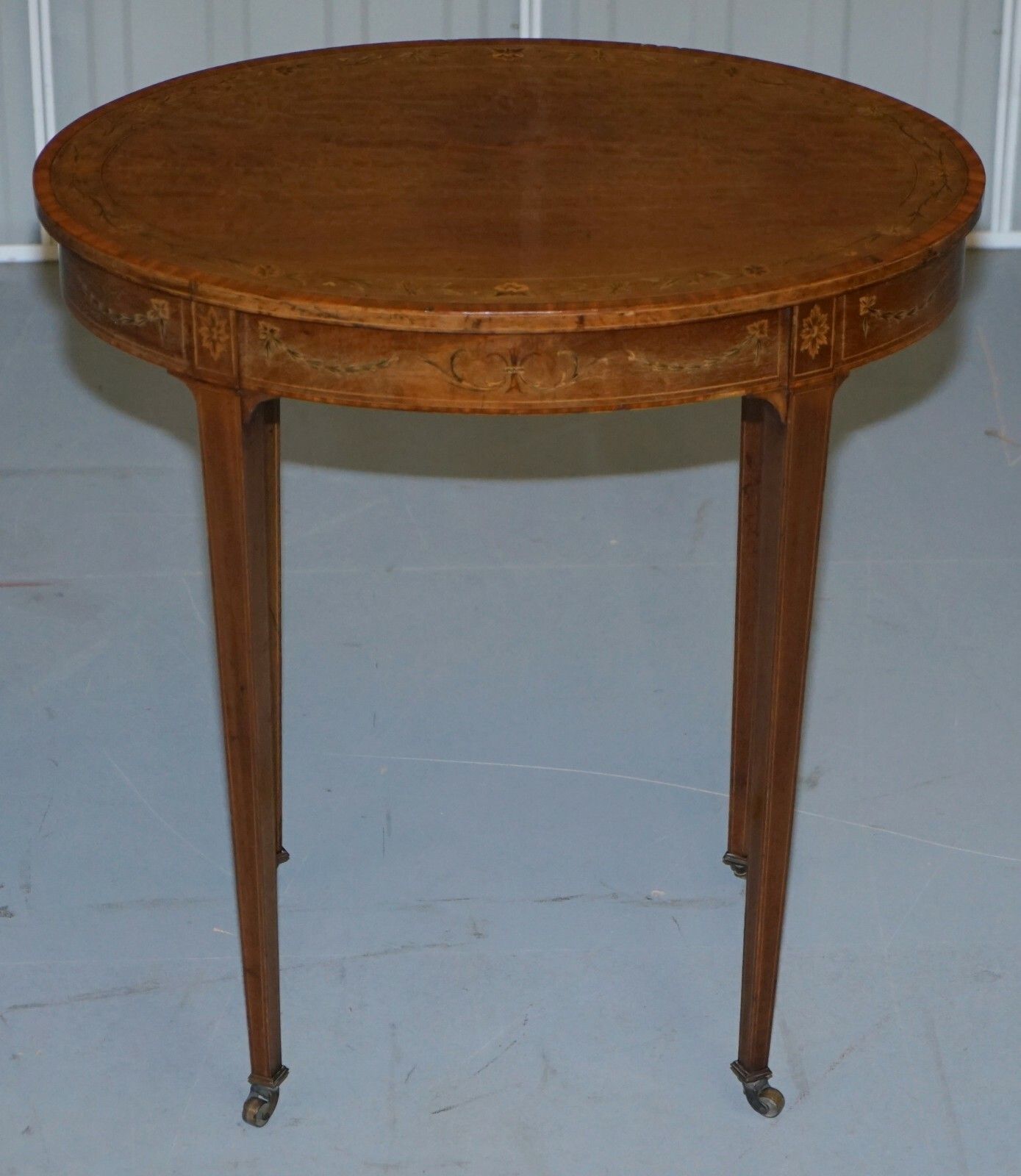 Stunning Floral Inlaid Sheraton Victorian Walnut Oval Occasional Side End Table photo furniture