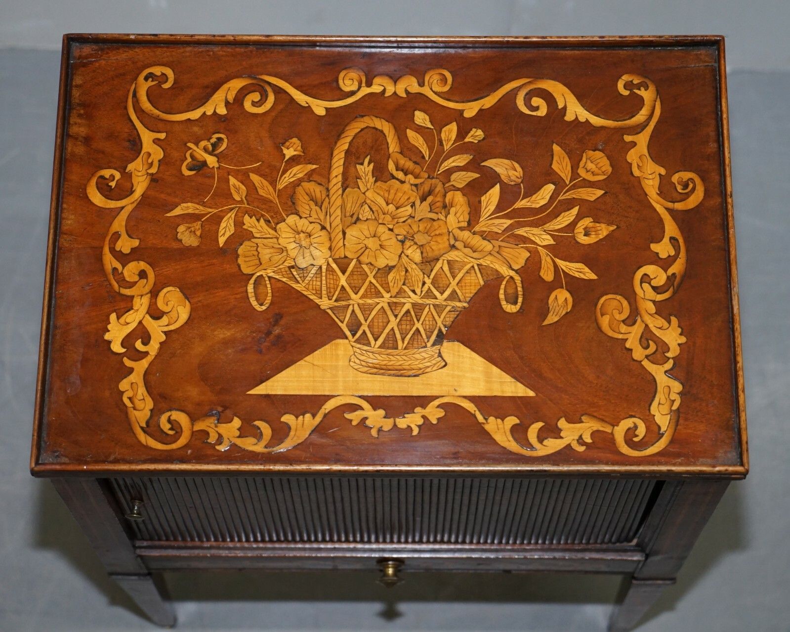 Lovely 19th Century Dutch Marquetry Inlaid Side Table With Tambour Fronted Door photo Furniture